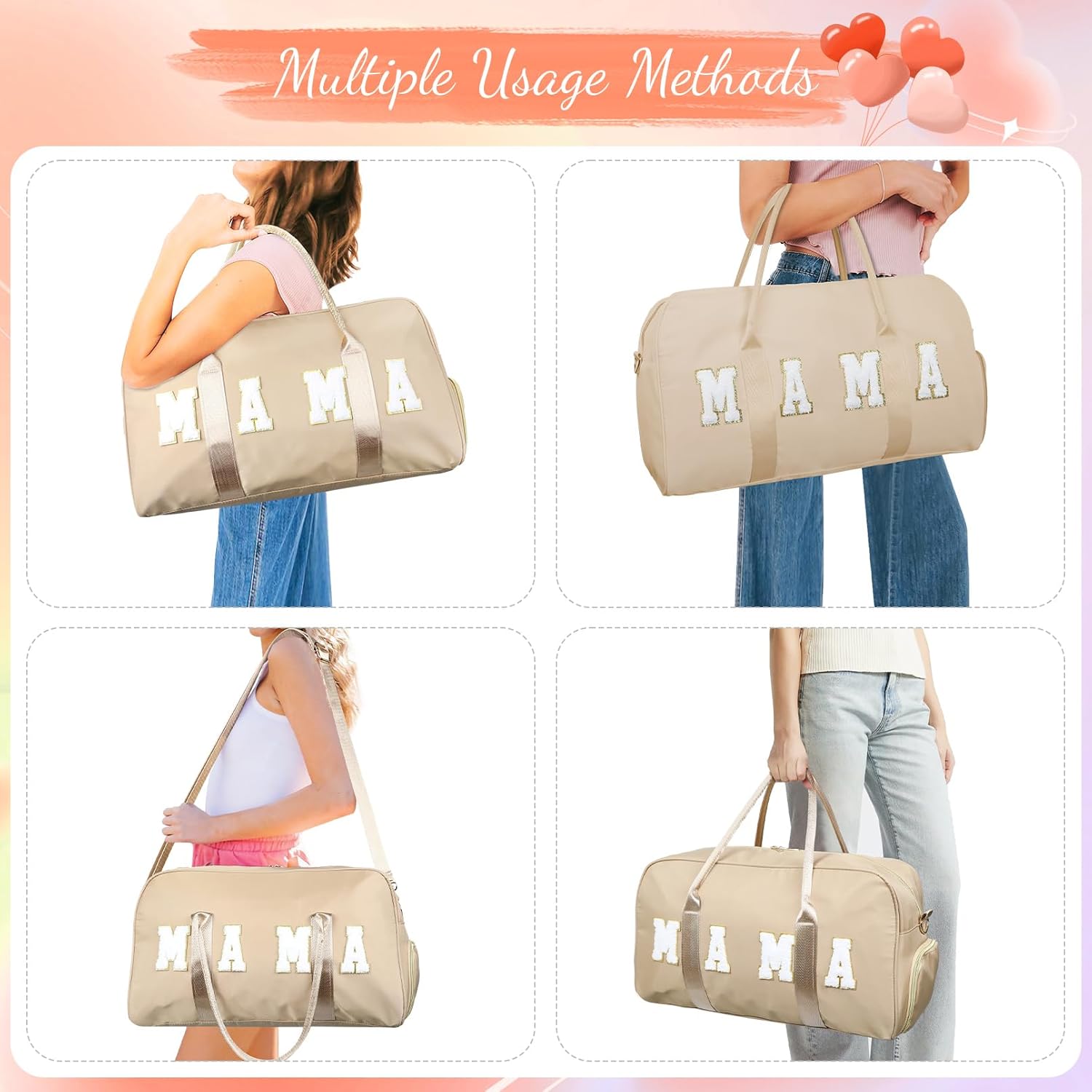 Mama Hospital Bag for Women Labor and Delivery Nylon Chenille Letter Embroidered Duffle Overnight Weekender Bag with Shoes Compartment Mothers Day Gifts(Khaki, Mama) - Image 5