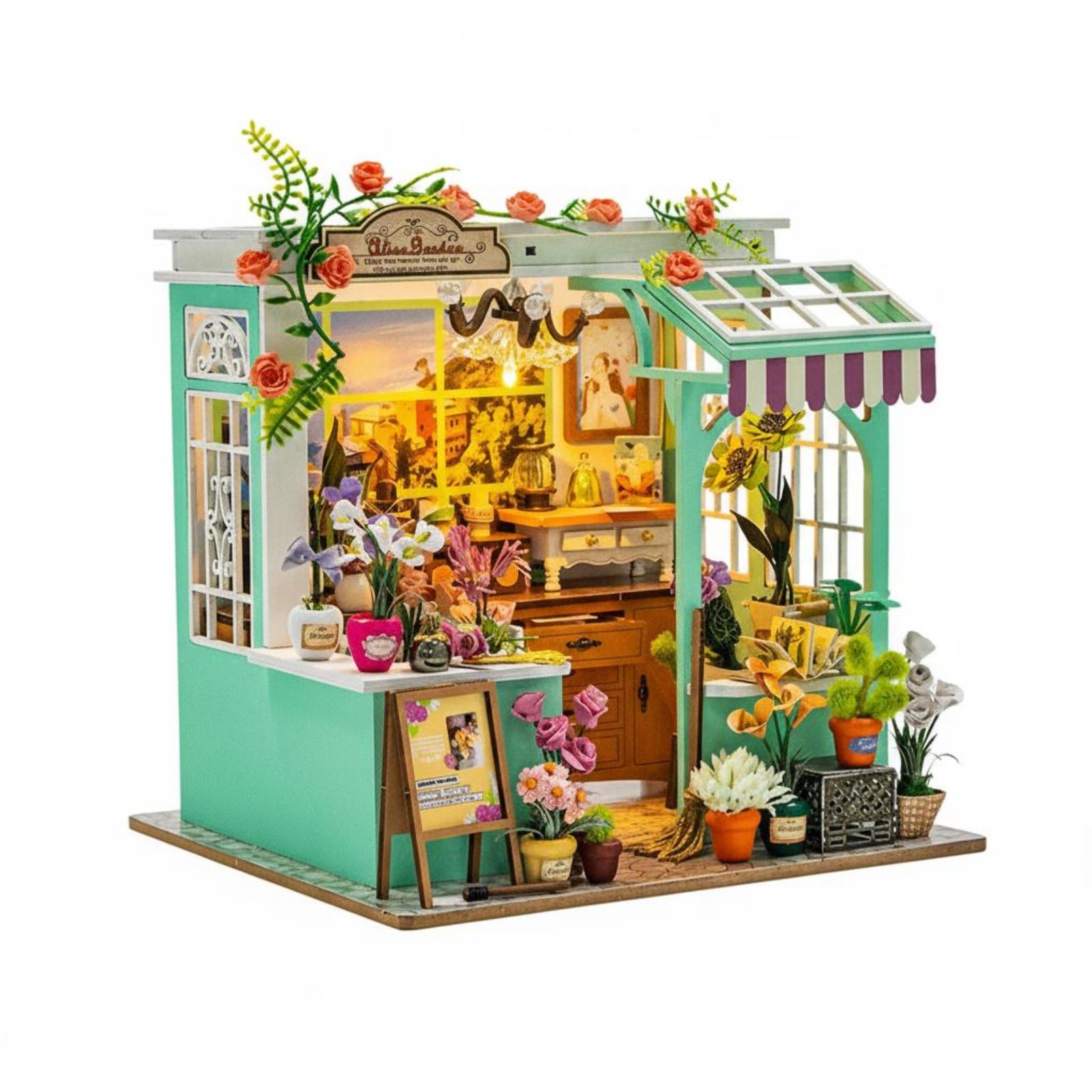 Figurine Casa in Miniatura Kit Modello Casa Bambole Boutique Fiori in Legno con Musica O Registrazioni da Smartphone Adatta a, Inglese