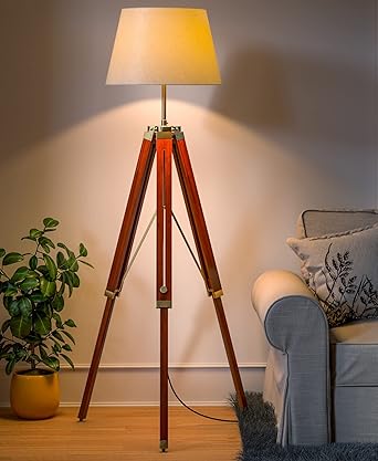 Great Choice Wooden Brown Polished and Brass Antique Gold Adjustable Height Tripod Floor Lamp