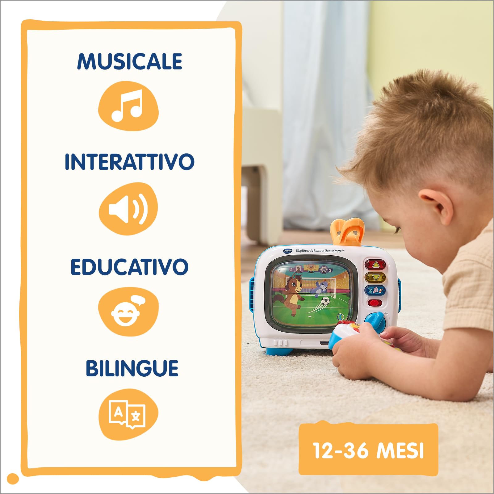 VTech La Mia Prima Smart TV, Televisione Interattiva per Bambini, Telecomando Interattivo Incluso, 10 Canali, 5 Canali Bilingue Italiano e Inglese, Spegnimento Automatico, Batterie Incluse, 12-36 Mesi