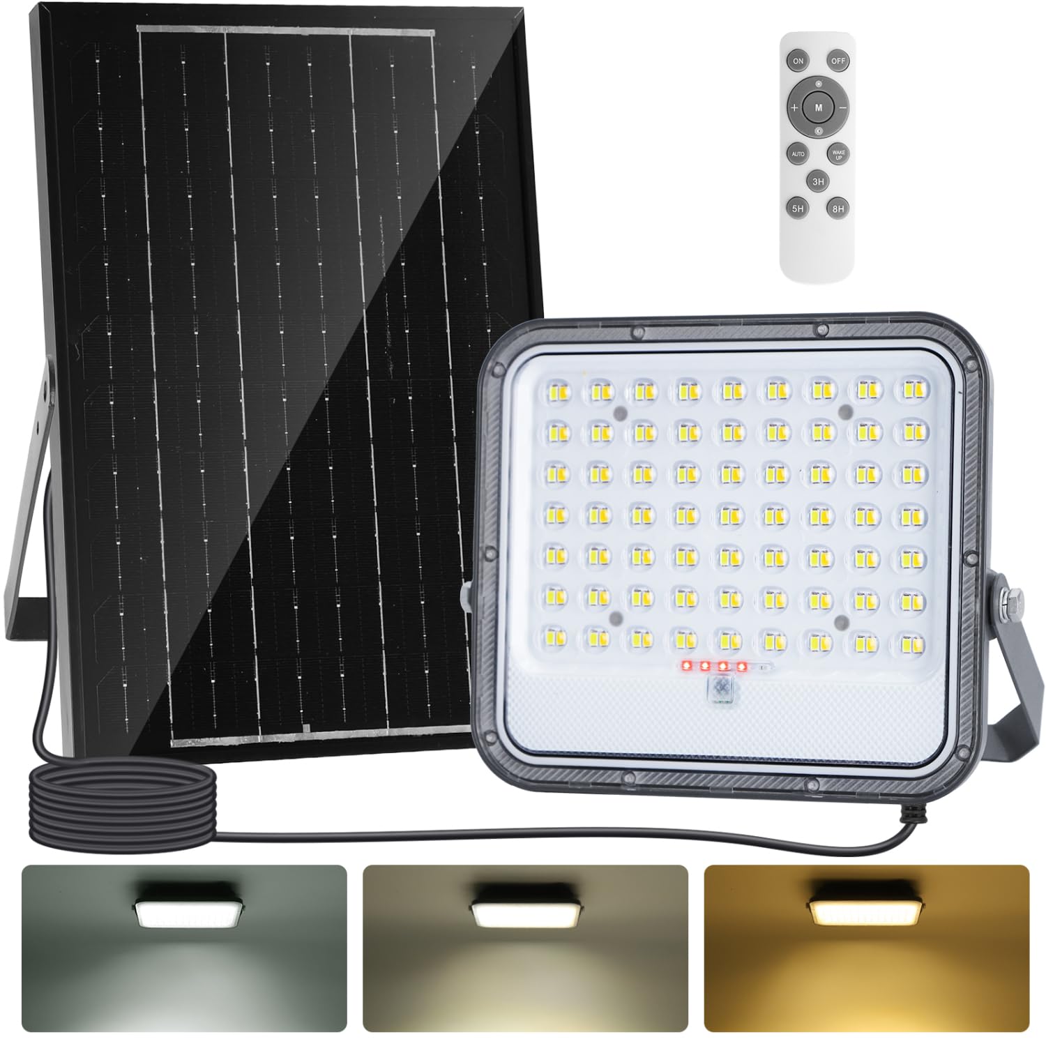 Aigostar - Foco proyector LED solar con mando a distancia,8000mAH,gran panel solar y batería de gran capacidad,regulable 3000/4000/6500K,Función crepuscular,Luz solar para exterior y jardín,patios.