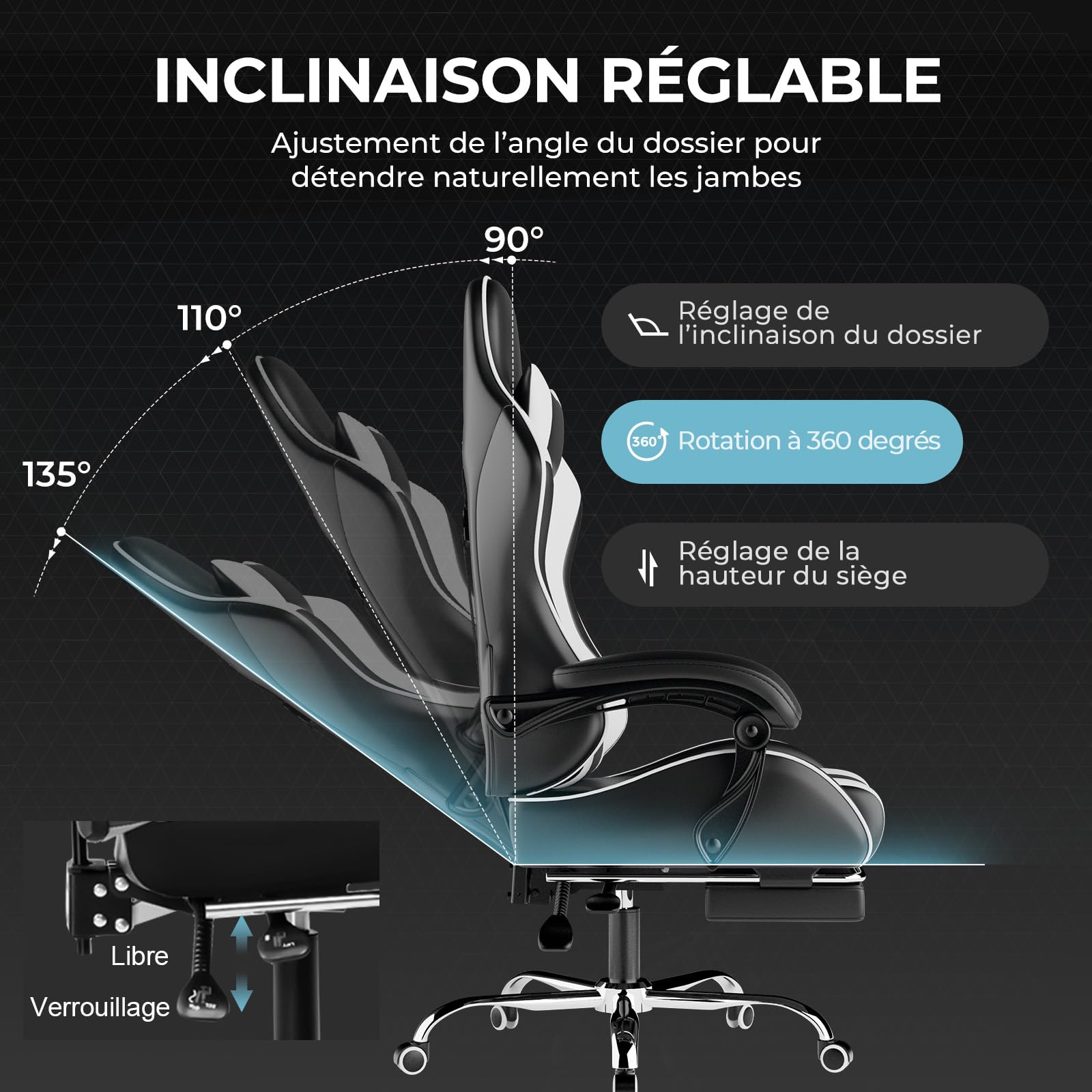 LUCKRACER Chaise Gaming, Fauteuil Gamer avec Massage, Fauteuil de Bureau Ergonomique avec Repose-Pieds, 150 kg, Siège Gaming, avec Appui-Tête et Repose-Pieds Rétractable, Blanc