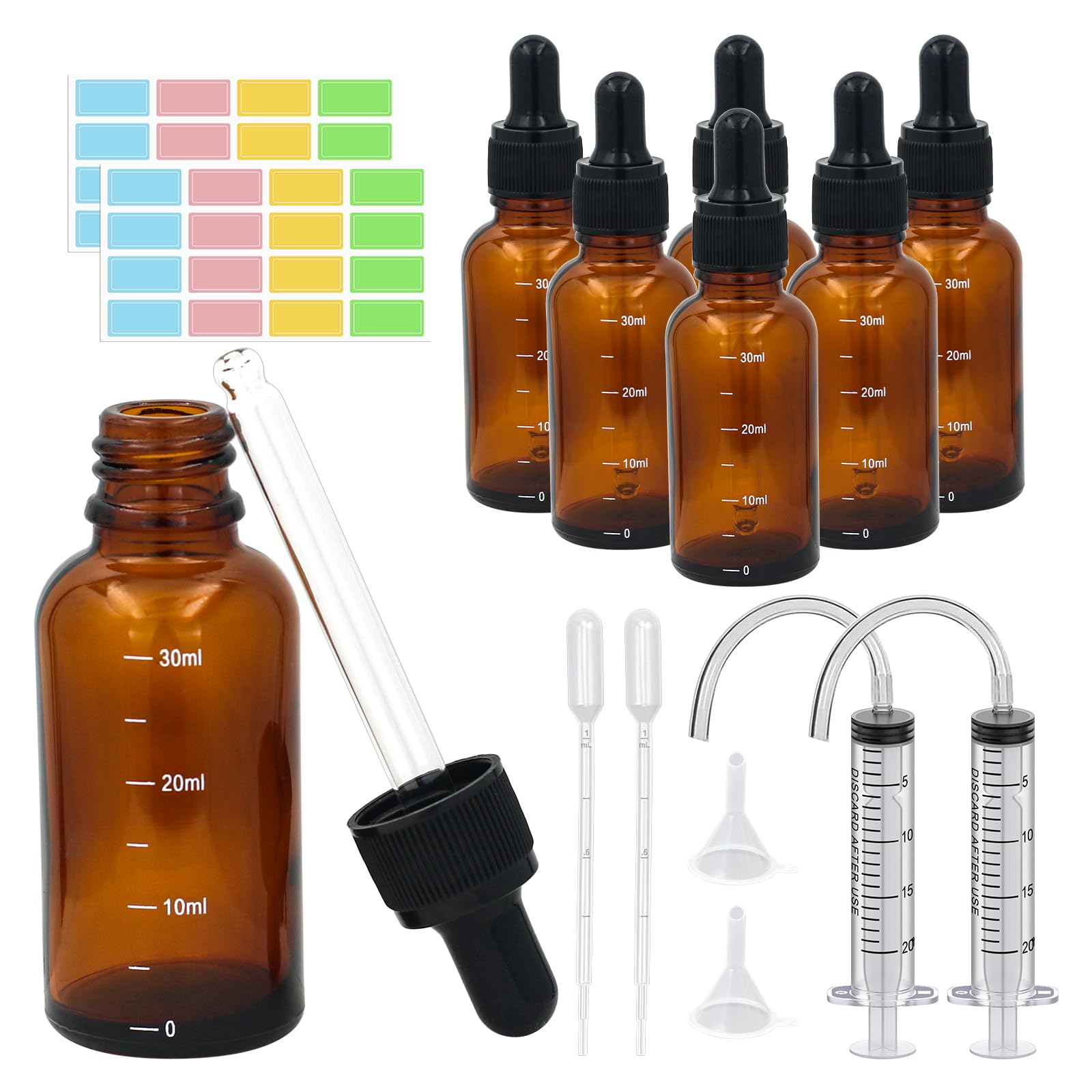 Reyshin Glass Dropper Bottles 30ml,6 Pack Amber Glass Bottle with Dropper Pipettes Refillable Sample Dropper Bottle for Essential Oil DIY Massage Aromatherapy Laboratory (30ml