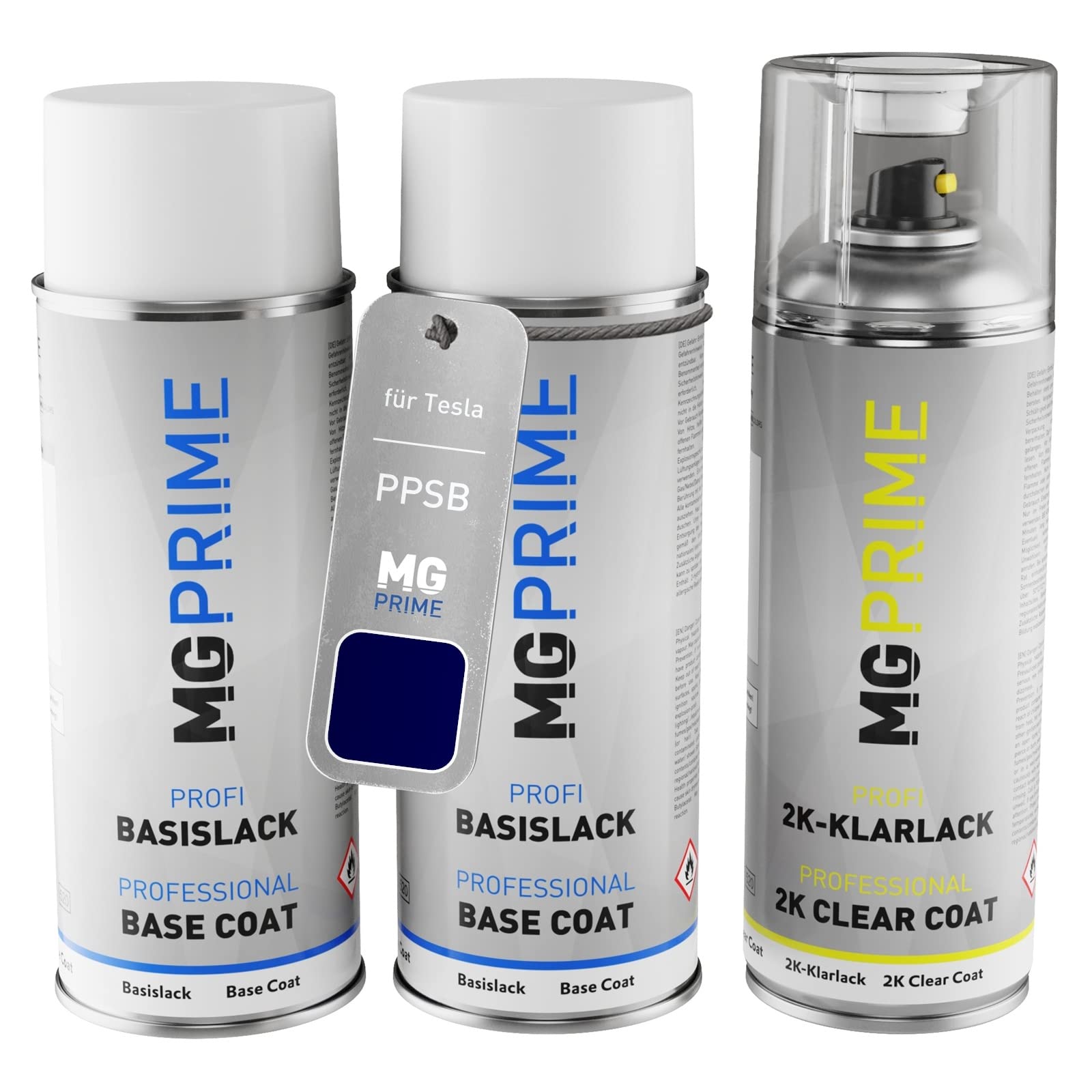 MG PRIME Autolack Spraydosen für Tesla PPSB Ocean Blue Pearl Metallic +2K | Deep Blue Pearl Metallic, Set aus Grundlack + Basislack + 2K Klarlack, Sprühdosen 400ml