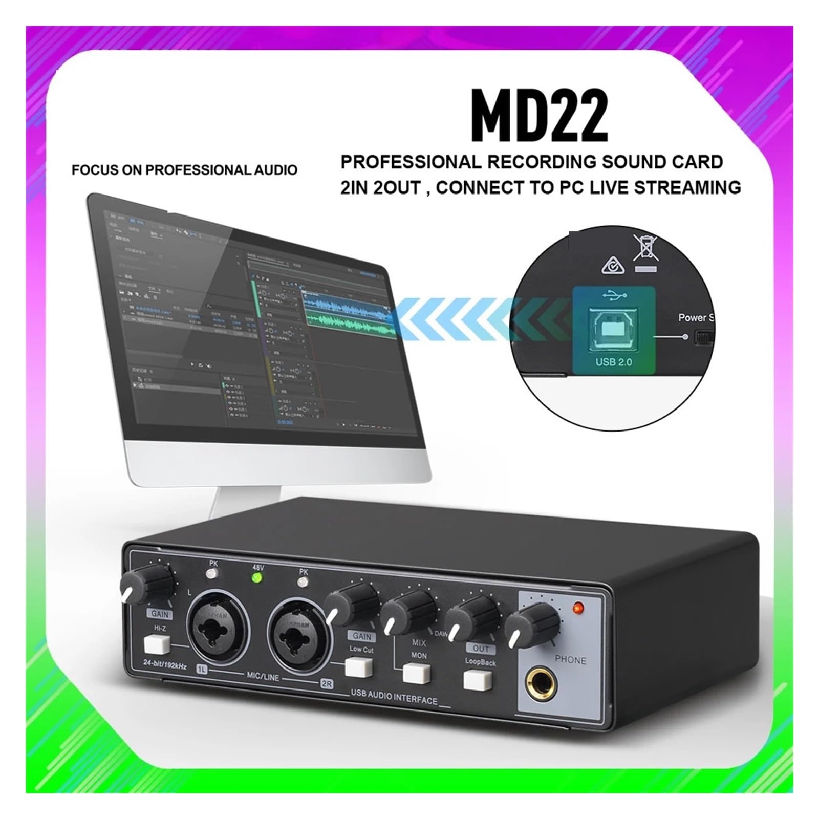 Scheda Audio Interfaccia Audio Convertitore AD USB 24 Bit/192 KHz, Chitarra Elettrica Studio Di Registrazione Dal Vivo Canto, Podcast