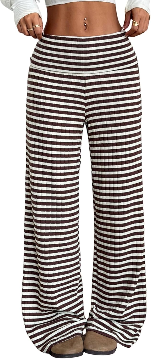 ZAFUL Women's Striped Pants Casual Fold Waist Wide Leg Pants Lightweight Comfy Stretchy Loose Lounge Pajama Pants