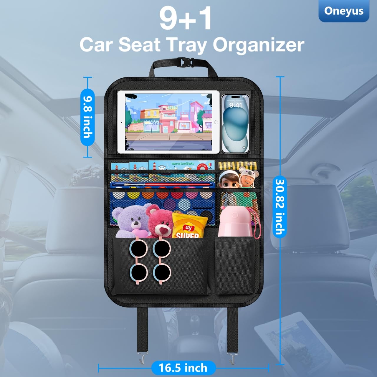 Organizer per seggiolino auto con vassoio da tavolo, confezione da 2 organizer per sedile posteriore con 9 tasche portaoggetti per bottiglie, libri di snack in viaggio