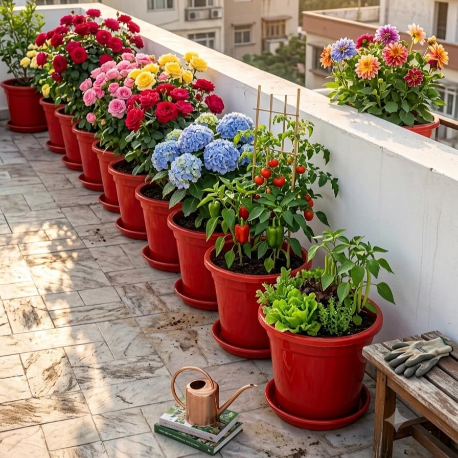 Image of 12 Inch Glossy Red Plastic Planter with Bottom Plate | Heavy Duty Flower Pot with Tray for Indoor Home Decor, Balcony, Living Room & Outdoor Garden (4 Pot, Red)