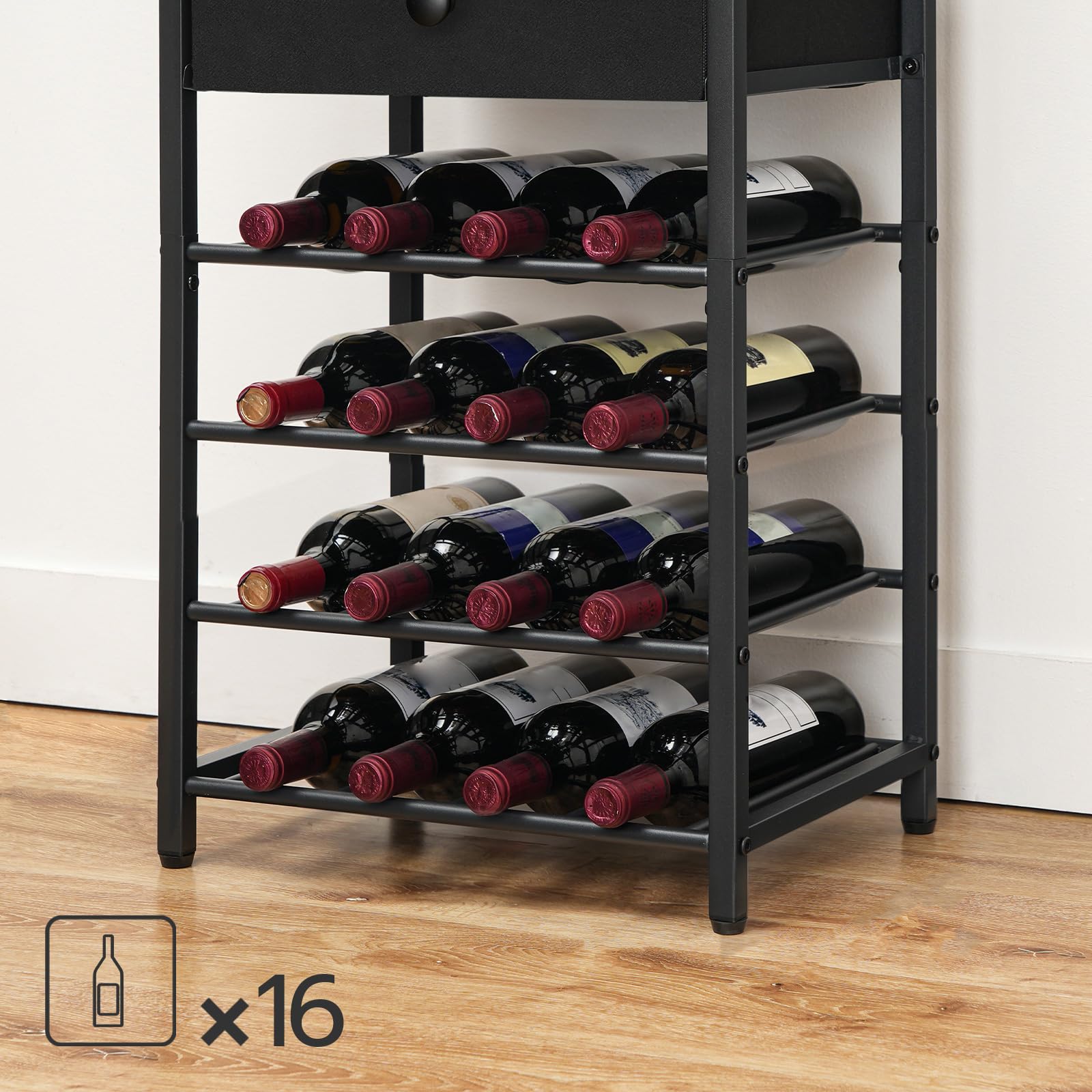 HOOBRO Scaffale Porta Vino, Portabottiglie a 6 Livelli con Porta Calici, Organizzatore da Bar per Bottiglie di Vino, con Cassetti e Ganci, per Cucina, Sala da Pranzo, Schwarz EBB10JJ01