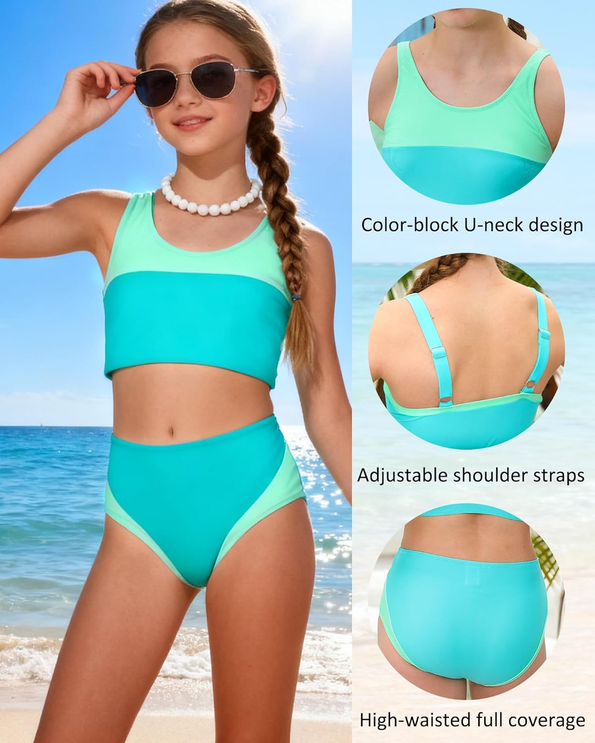 Kids4ever Girls Swimsuit 2 Piece Color Block Teen Bathing Suit Girl's Bikini Set Size 9-16Y - Image 4