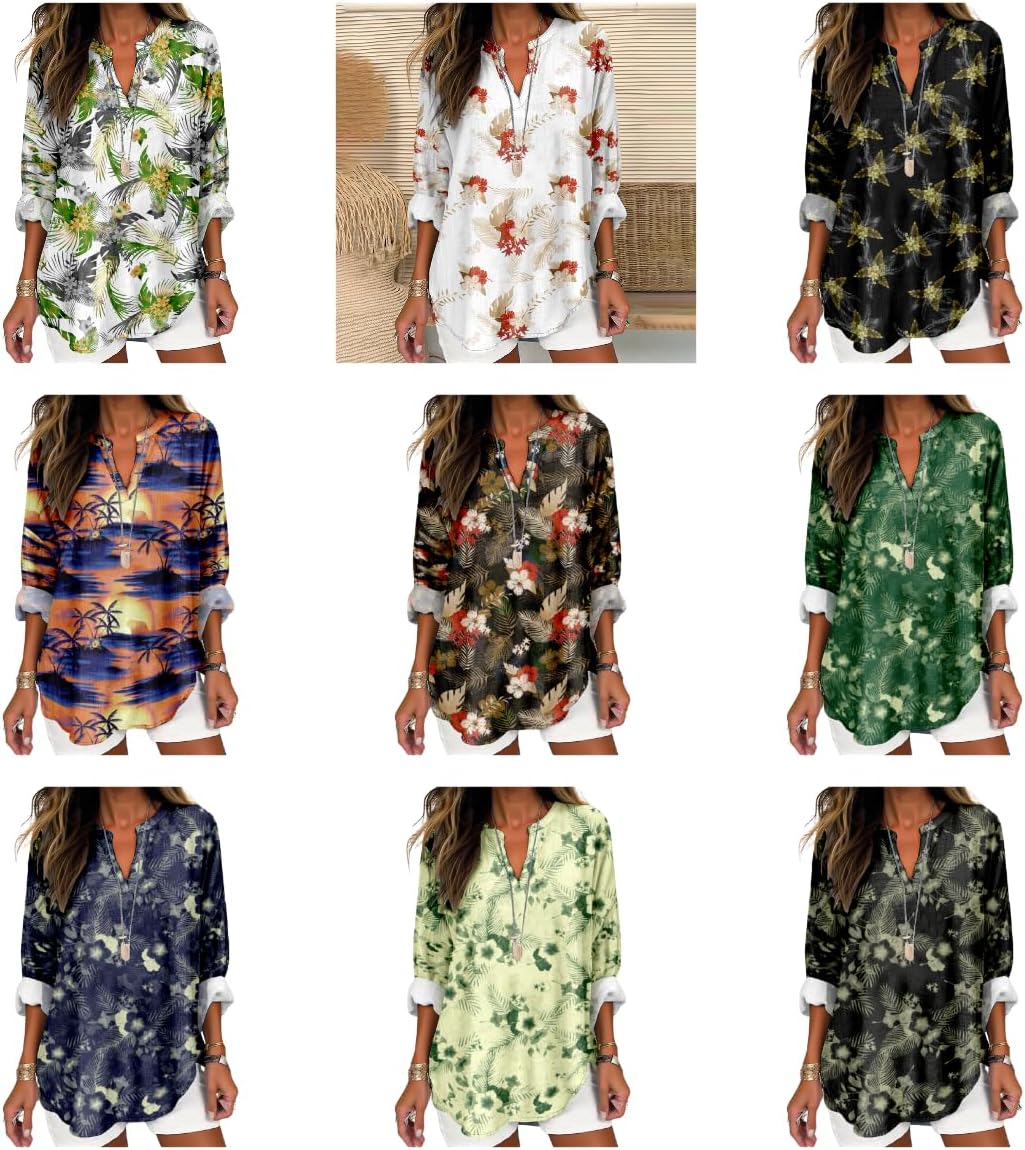 Womens Hawaiian Shirts and Blouses Long Sleeve V Neck Flamingo Print Breathable Sum... - Image 3