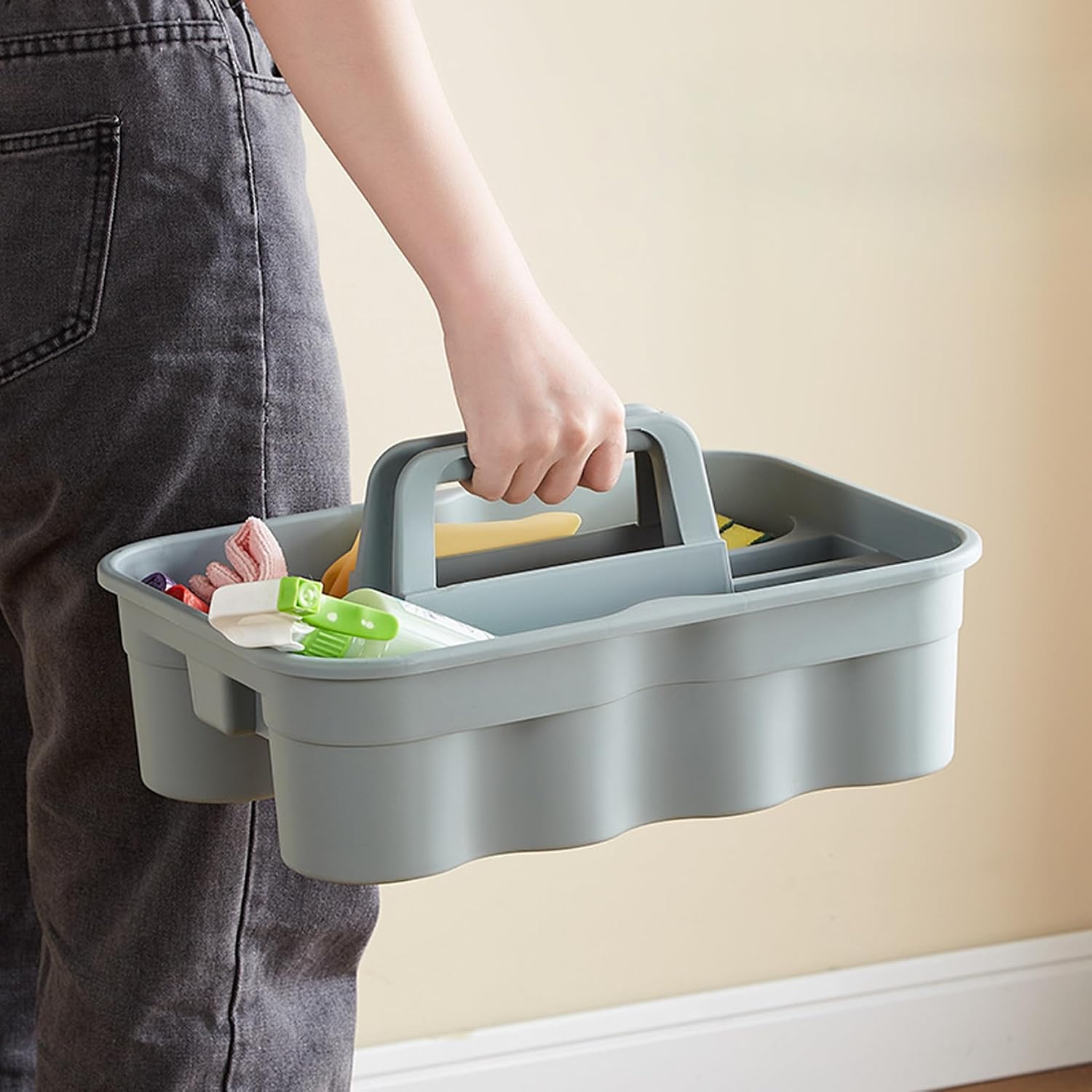 Thickened Plastic Cleaning Supply Caddy with Multi-Compartment, Portable Cleaning Basket for Sponge, Spray Bottle, Towels, Housekeeping Supplies Organizer