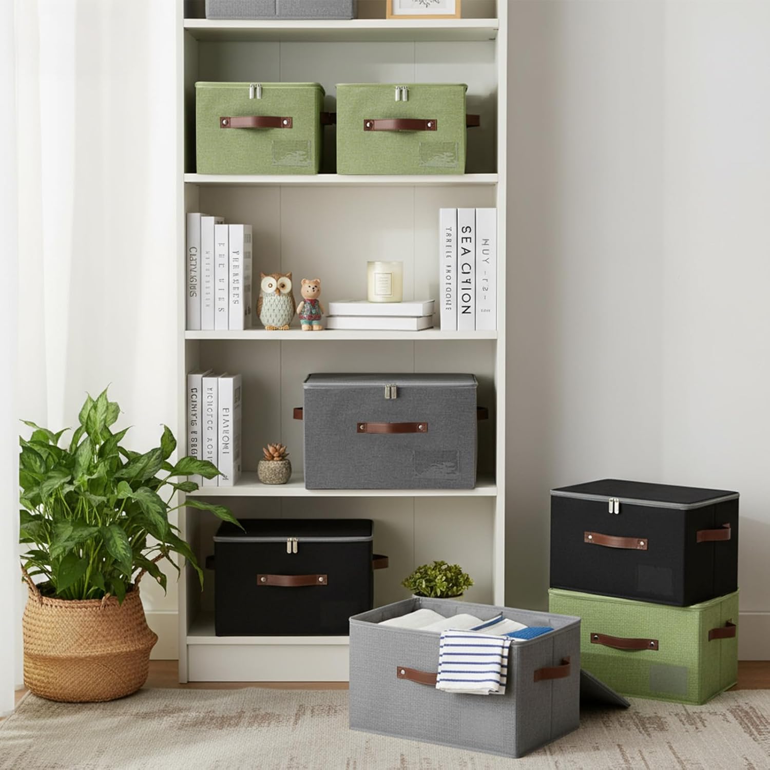 ANMINY 3PCS Storage Bins with Zipper Lid Storage Boxes with Label Holder PU Leather Handles Washable Foldable Decorative Lidded Cotton Linen Fabric Cubes Baskets Closet Organizer - Black, Large