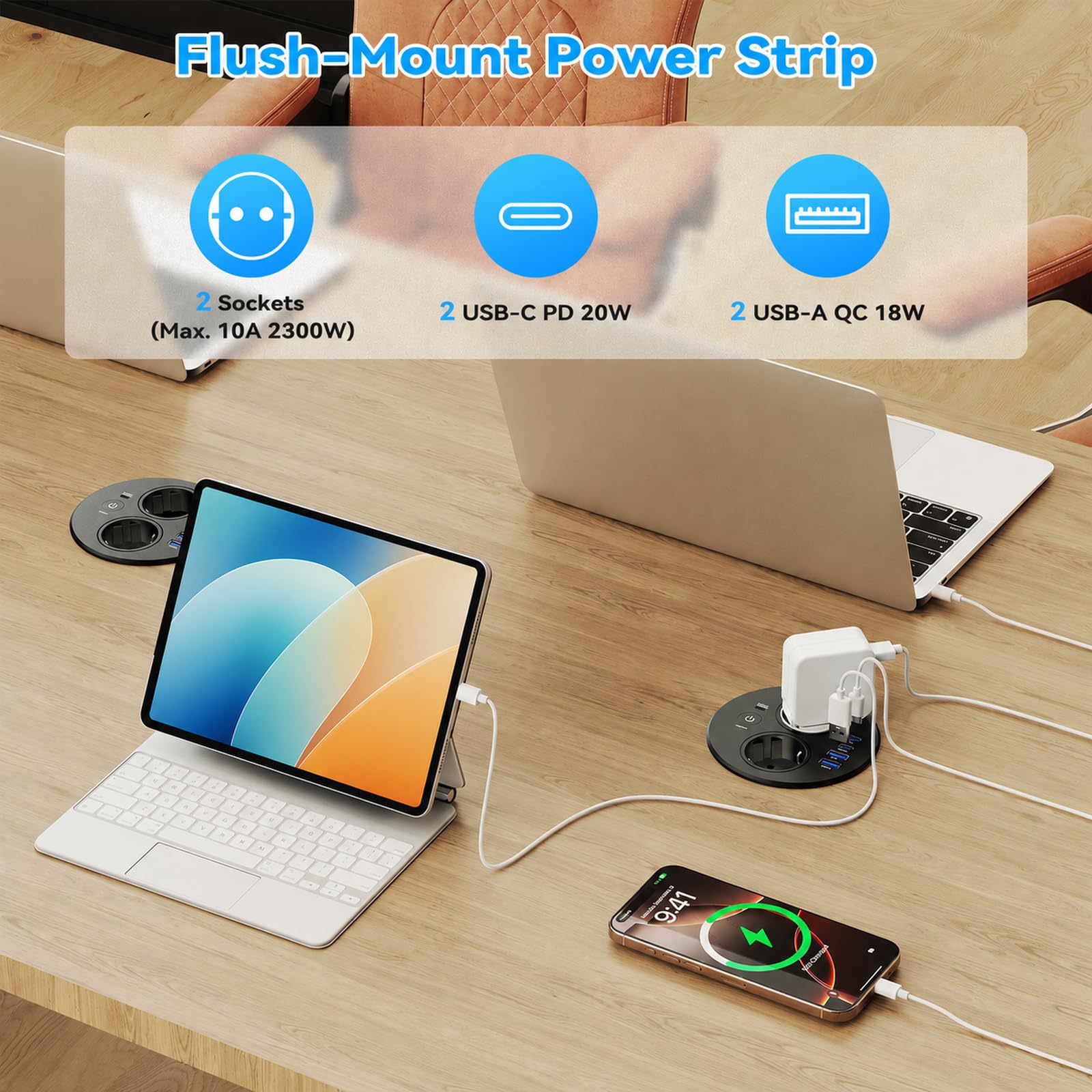 Gniazdko podtynkowe, okrągłe, z 2 gniazdami Schuko i 4 portami USB, 2 x USB C PD 20 W, gniazdko stołowe z przełącznikiem, do biurka, biura, kuchni, blatu roboczego, listwa zasilająca do zabudowy z