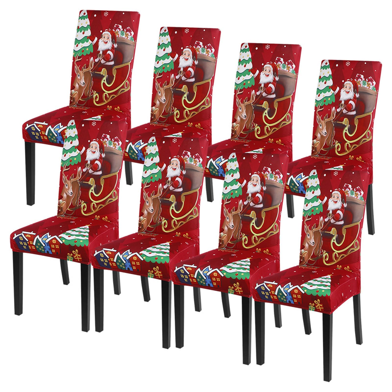 SearchI Christmas Chair Covers Set of 8, Stretch Xmas Kitchen Chair Cover Removable Washable Holiday Parsons Chair Slipcovers for Dining Room, Christmas Decoration, Ceremony(Santa Claus+Elk)