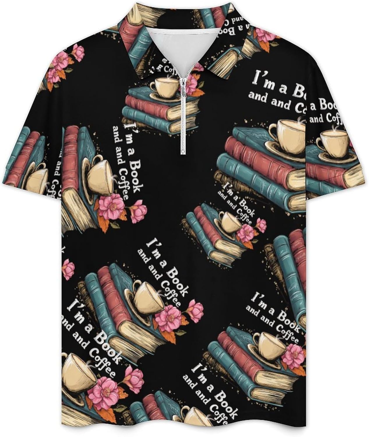 Book Coffee Print Mens Polo Shirts Track Suits 2 Piece Short Sleeve Sweatsuit 1/4 Zip Golf Loungewear for Sports