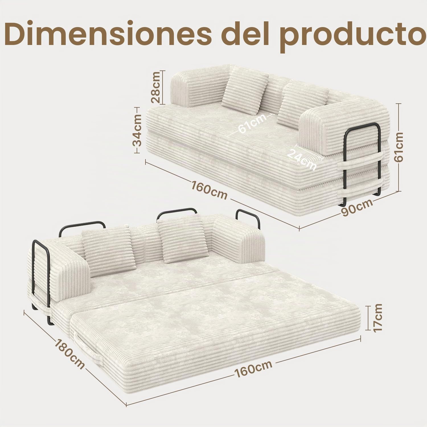 Xbro Sofá Cama 2 Plazas, Sofa Modular con 5 Configuraciones Transformables, Sofa Comprimido al Vacio(Sin Montaje) de Pana para Salón y Dormitorio, Blanco, 160x90x61 cm
