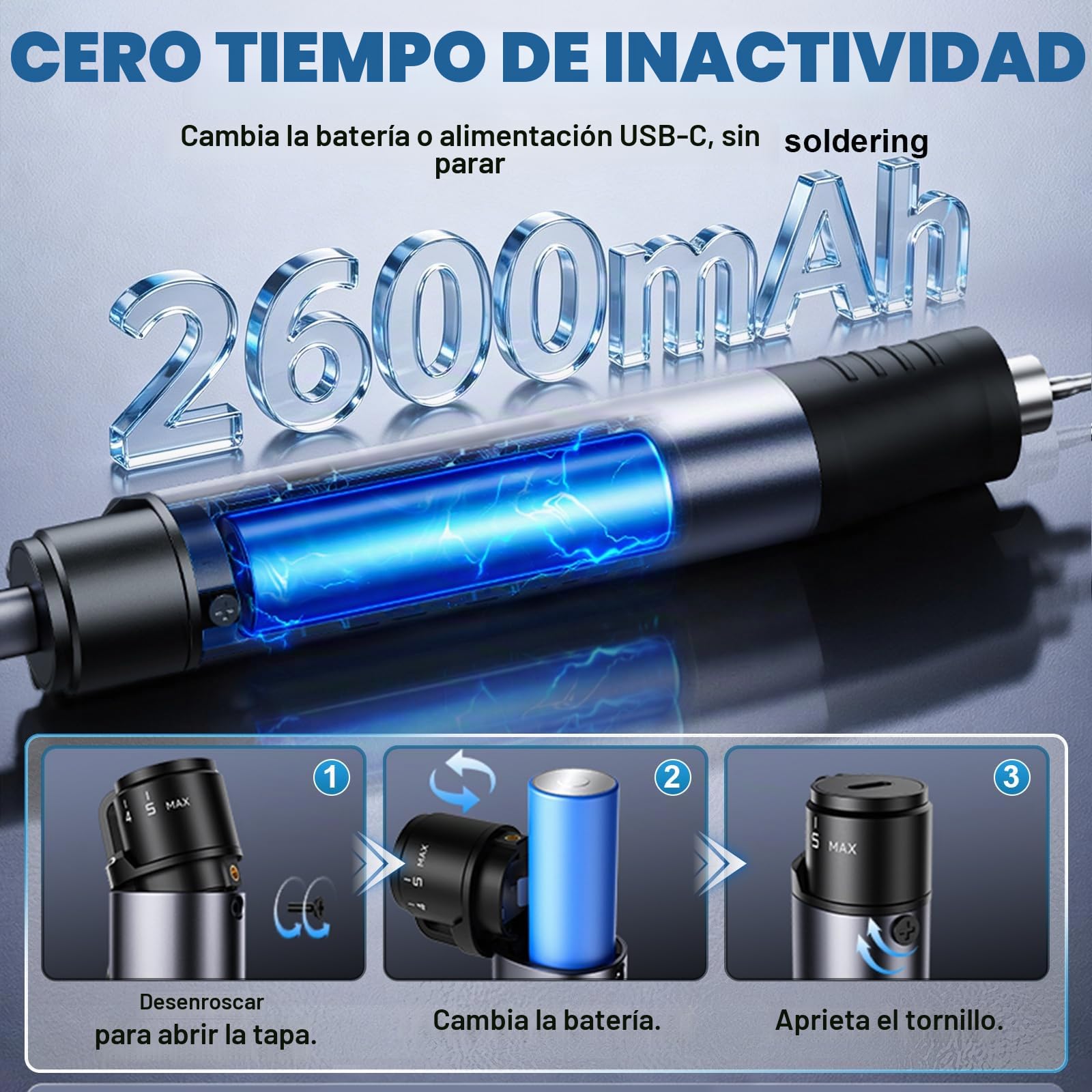 Kit de soldador HS-03 sin cable, juego de soldador recargable de 5 velocidades con temperatura controlada, preajuste 7S, 250℃-450℃, batería de 2600mAh con 3 puntas de soldadura para proyectos de