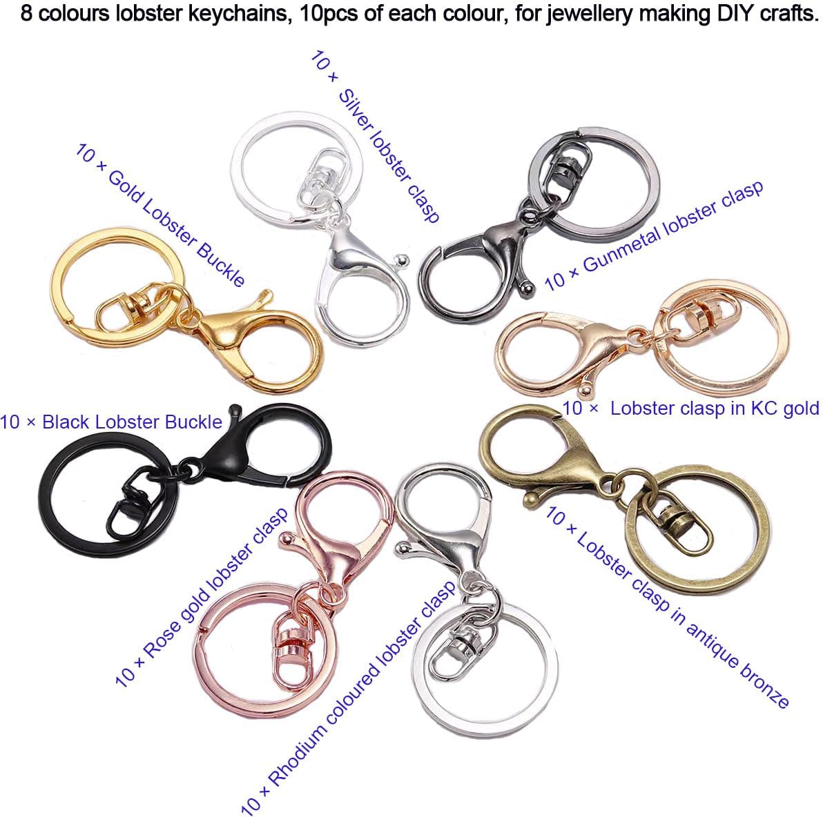 80pcs Metal Lobster Claw Clasps Keychain Clip,Swivel Snap Hooks with Key Chain Rings Keychain Making kit for DIY Craft Jewelry Making,Christmas Decoration, Gifts(8 Colors) - Image 3