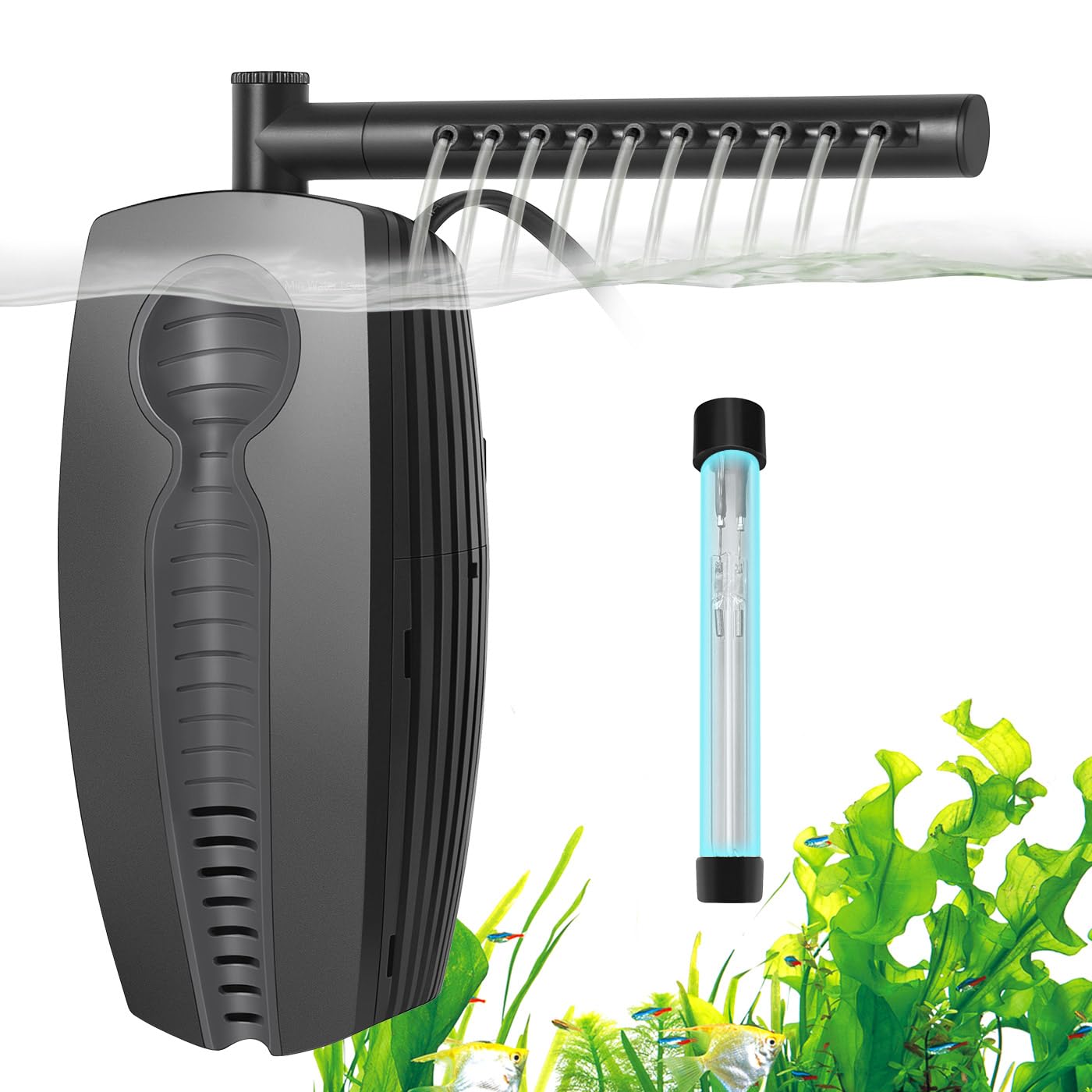FEDOUR Filtr akwariowy 600 LPH z U-V, regulowany filtr wewnętrzny do akwarium, 8 W, podwodny cichy filtr zbiornika na ryby do zbiorników 30-180 l, z biochemiczną bawełną, bawełną z węglem aktywnym