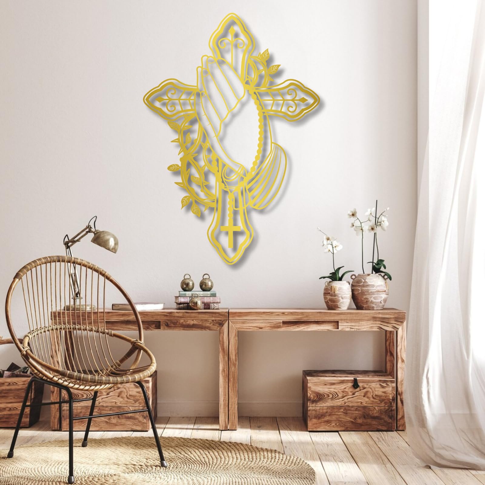 Grande Decorazione da Parete in Metallo Spesso, Decorazione da Parete in Metallo con Mano in Preghiera, Decorazione da Parete Cristiana, Decorazione da Parete con Croce, Decorazione Religiosa per SOG