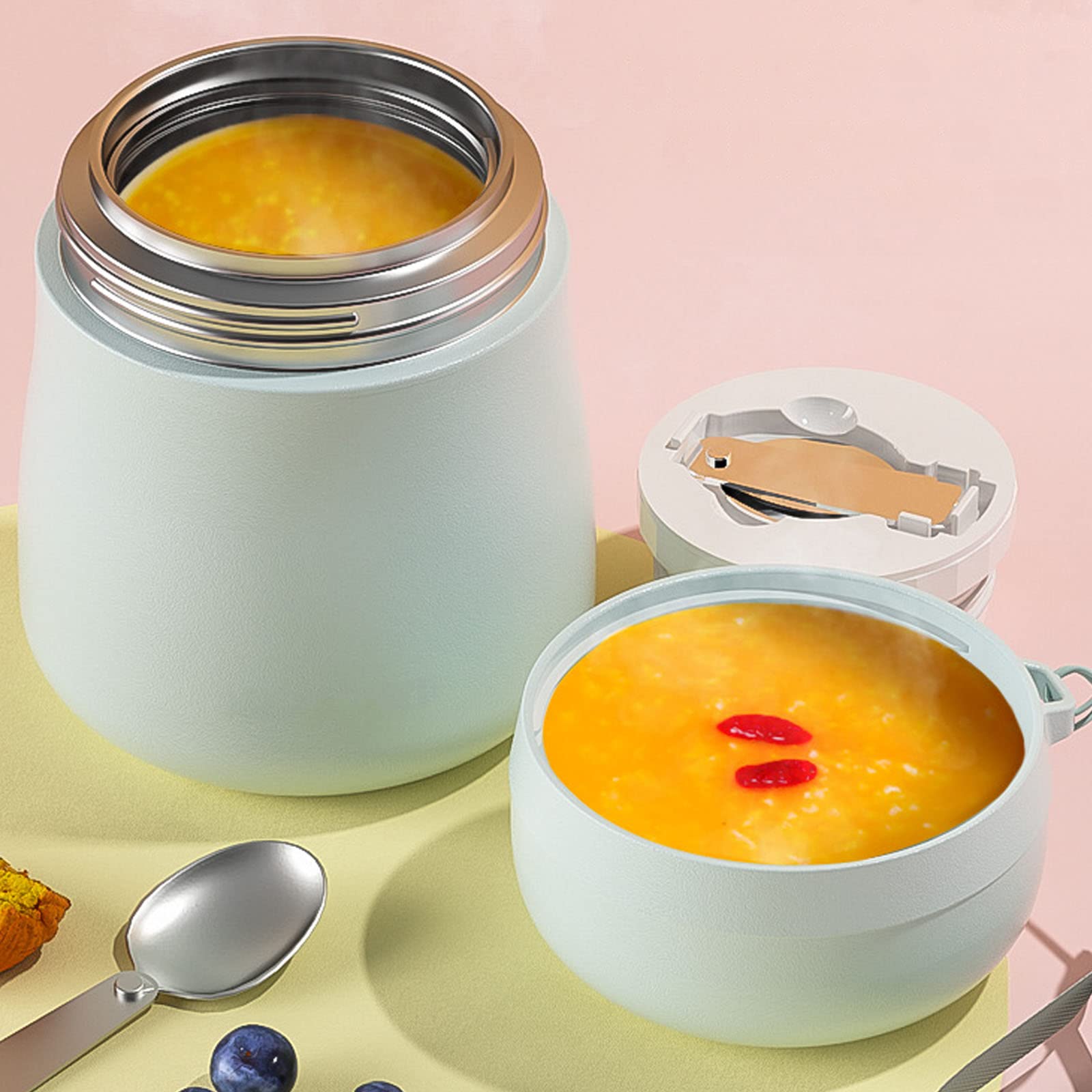 LANMOU Contenitore Termico per Alimenti, 600ml & 800ml Thermos per Alimenti sottovuoto di Acciaio Inossidabile con Un Cucchiaio Pieghevole per Cibi Caldi e Freddi (600ml,Green)