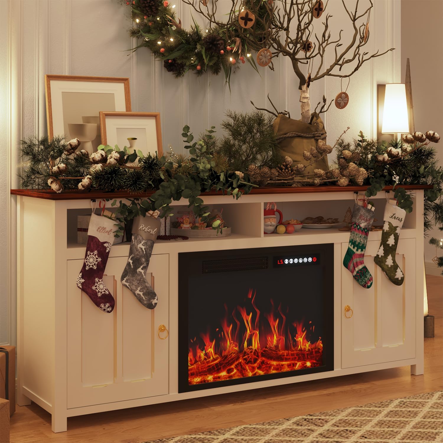 PUKAMI 58" Fireplace TV Stand with 23" Fireplace up to 65" TVs, Media Entertainment Center Console Table with Open Storage Shelves and Cabinets for Living Room, White and Rustic Brown Top