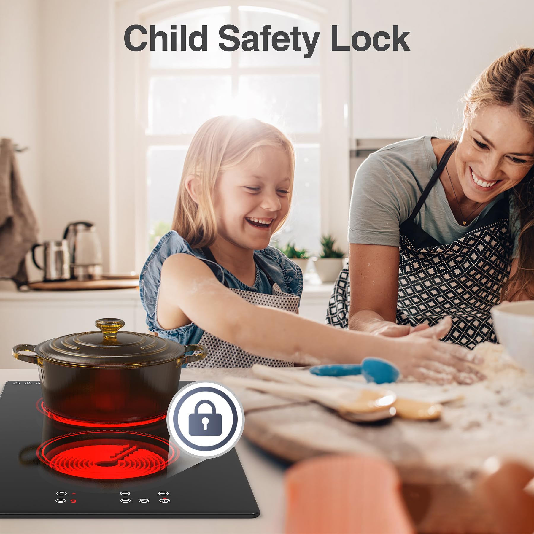 Cocina eléctrica, estufa eléctrica incorporada y de encimera, quemador eléctrico de 2100 W 110 V, 9 niveles de calefacción, temporizador y bloqueo de seguridad para niños, control táctil con 2