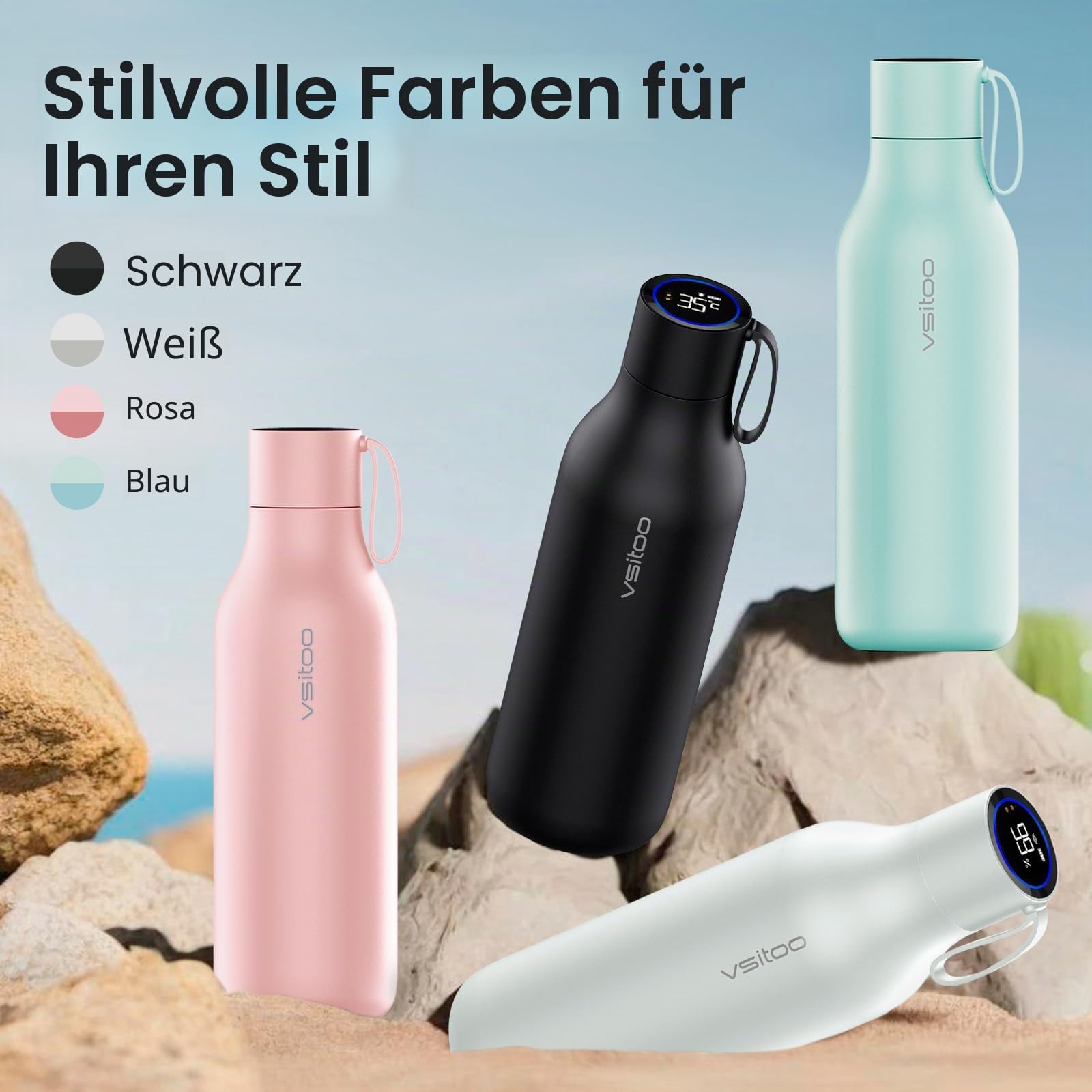vsitoo Selbstreinigende Wasserflasche, 935.5 g Isolierte Edelstahl BPA Frei Smart Water Bottle, Touchscreen APP Control & Auto-Cleaning, Thermoflasche für Reisen, Weiß