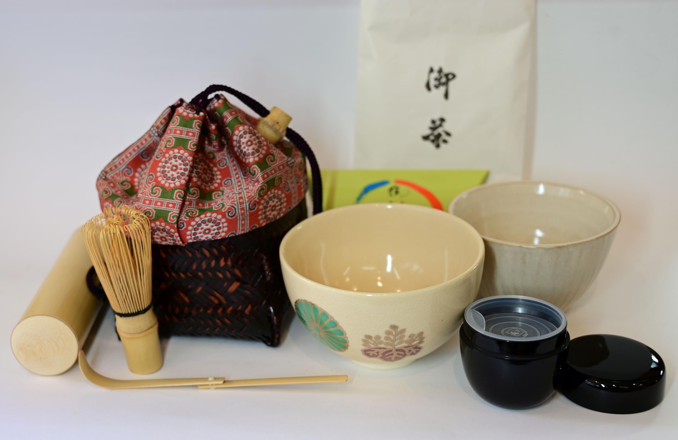 Amazon | 野点籠 上茶道具セット 野点籠：鳥襷緞子 抹茶茶碗：仁清写