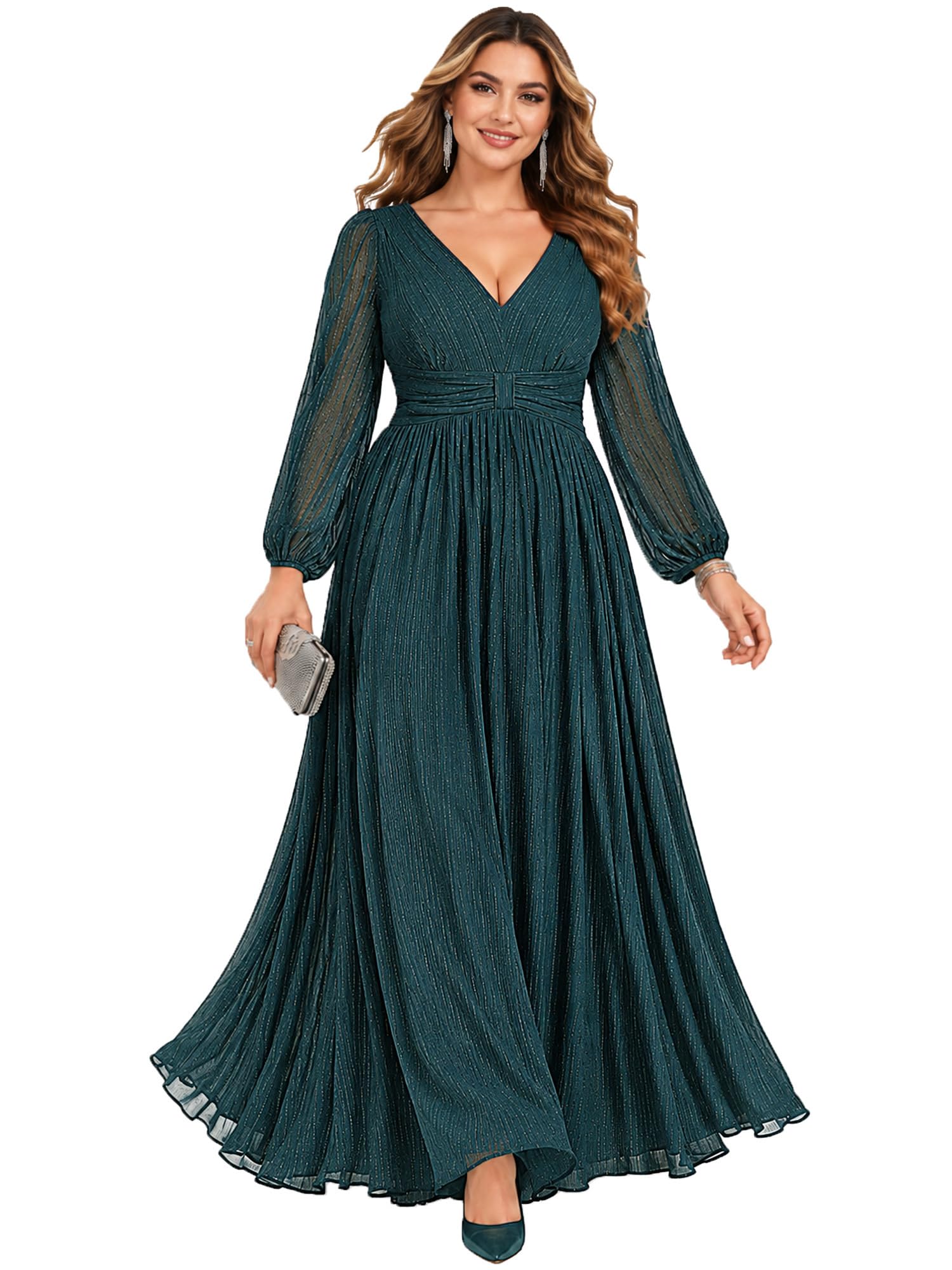 Ever-Pretty Donne Glitter Maniche Lunghe Scollo a V Pieghe Impero Vita Piano Lunghezza Plus Size Abiti Formali Abiti da Sera, Verde acqua, 52