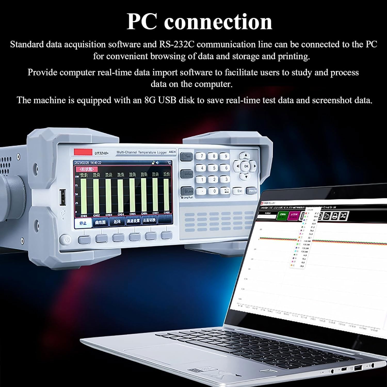 Tester digitale di temperatura a 8 canali, termometro termocoppia con scheda SD, alta precisione 0,01 °C, 3 modalità di visualizzazione, allarme over-limit, connessione PC, per generatore