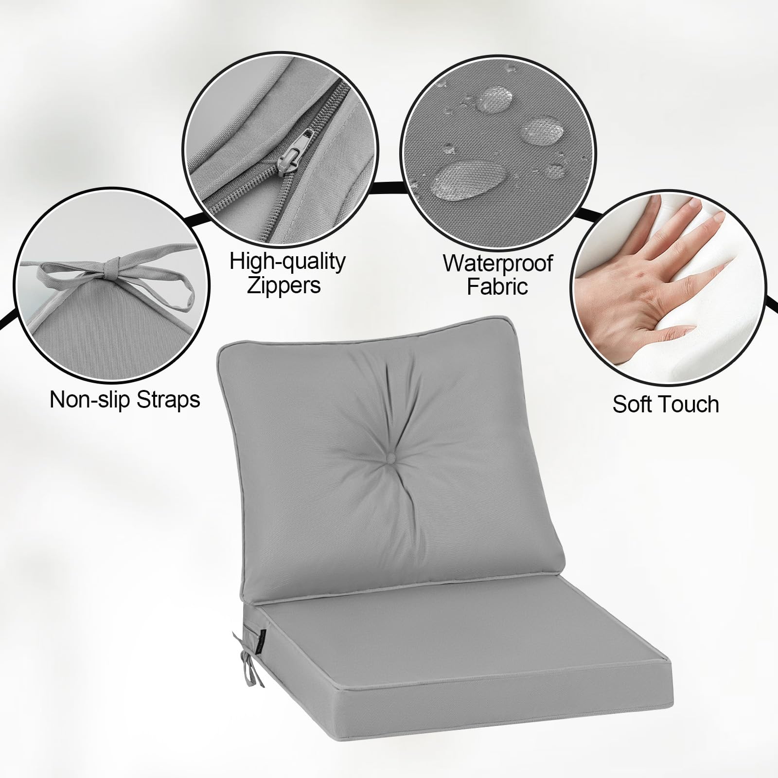 PRIMEPATIO Outdoor Garden Chair Cushion with Backrest, 7cm Thick Waterproof Patio Seat Pad for Low-Back Sofa Chairs, Replacement Garden Furniture Cushion with Ties, 50 x 50cm, Grey — view 3