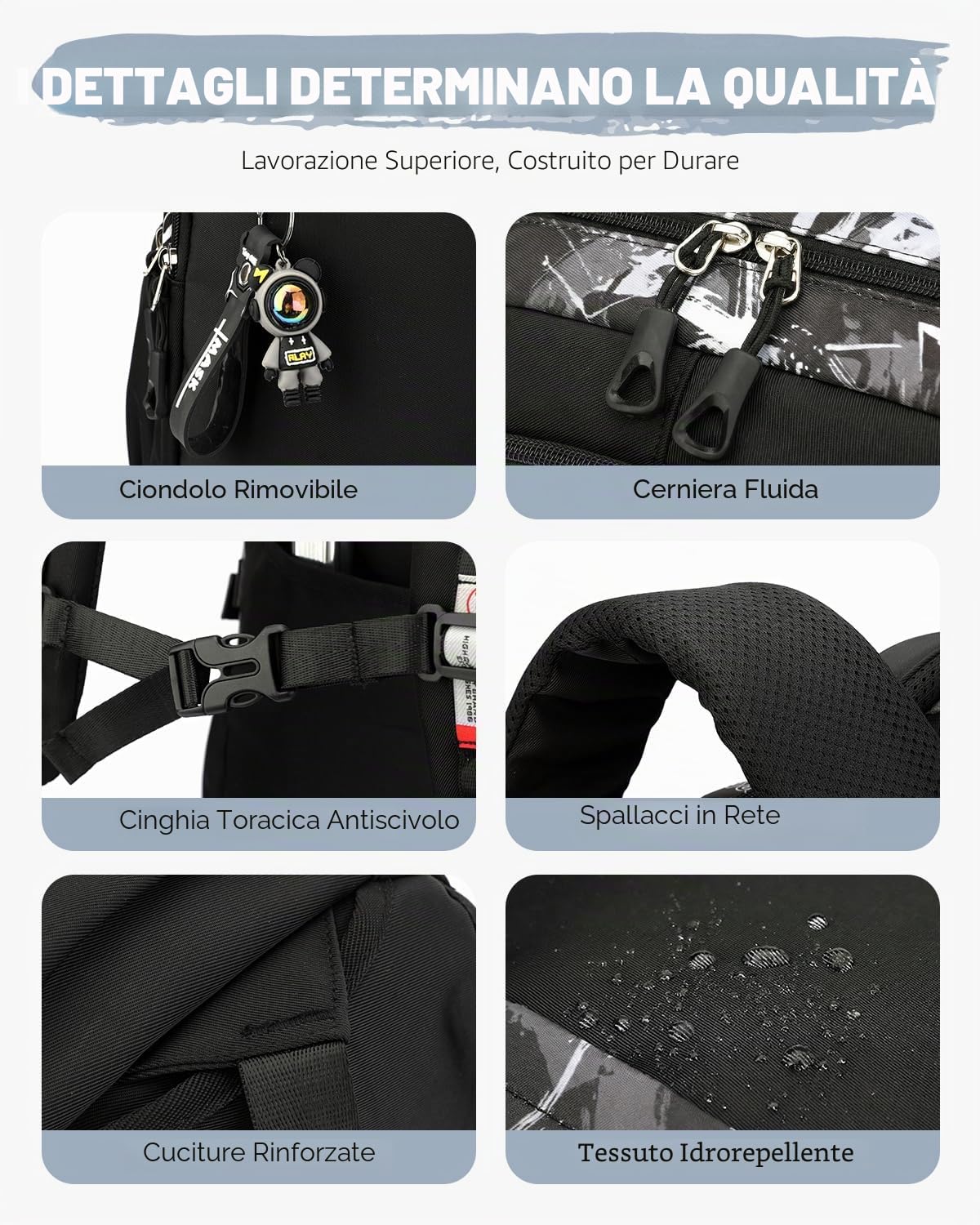 Zaino con Ruote per Ragazzi Adolescenti, 26L Zaini Scuola Trolley Media e Superiore Staccabile, Zaino Ragazzo Impermeabile Nero Graffiti-Daypack da Viaggio con Carrello
