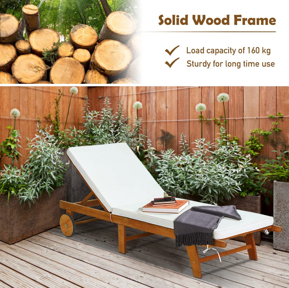 GIANTEX Sonnenliege Klappbar, Mobile Gartenliege mit Rollen, Liegestuhl mit Verstellbarer Rückenlehne, inkl. Kissen, Relaxliege Strandliege Massivholz bis 160 kg belastbar, Liege Garten (Holz)
