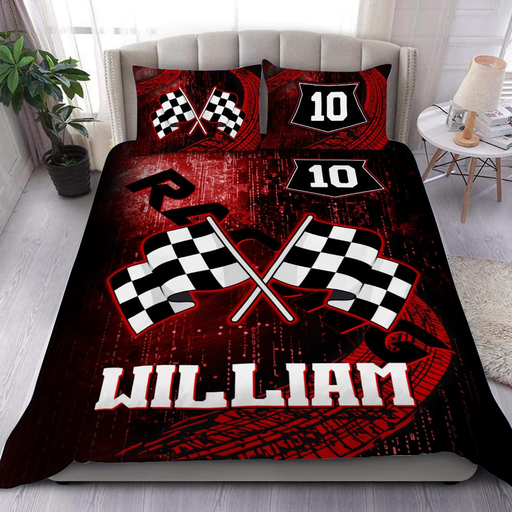 WAZARO Personalized Car Racing Bedding Set for Boys – Custom Name & Number Comforter with Red Checkered Flag Design | Speed Theme Race Car Bedroom