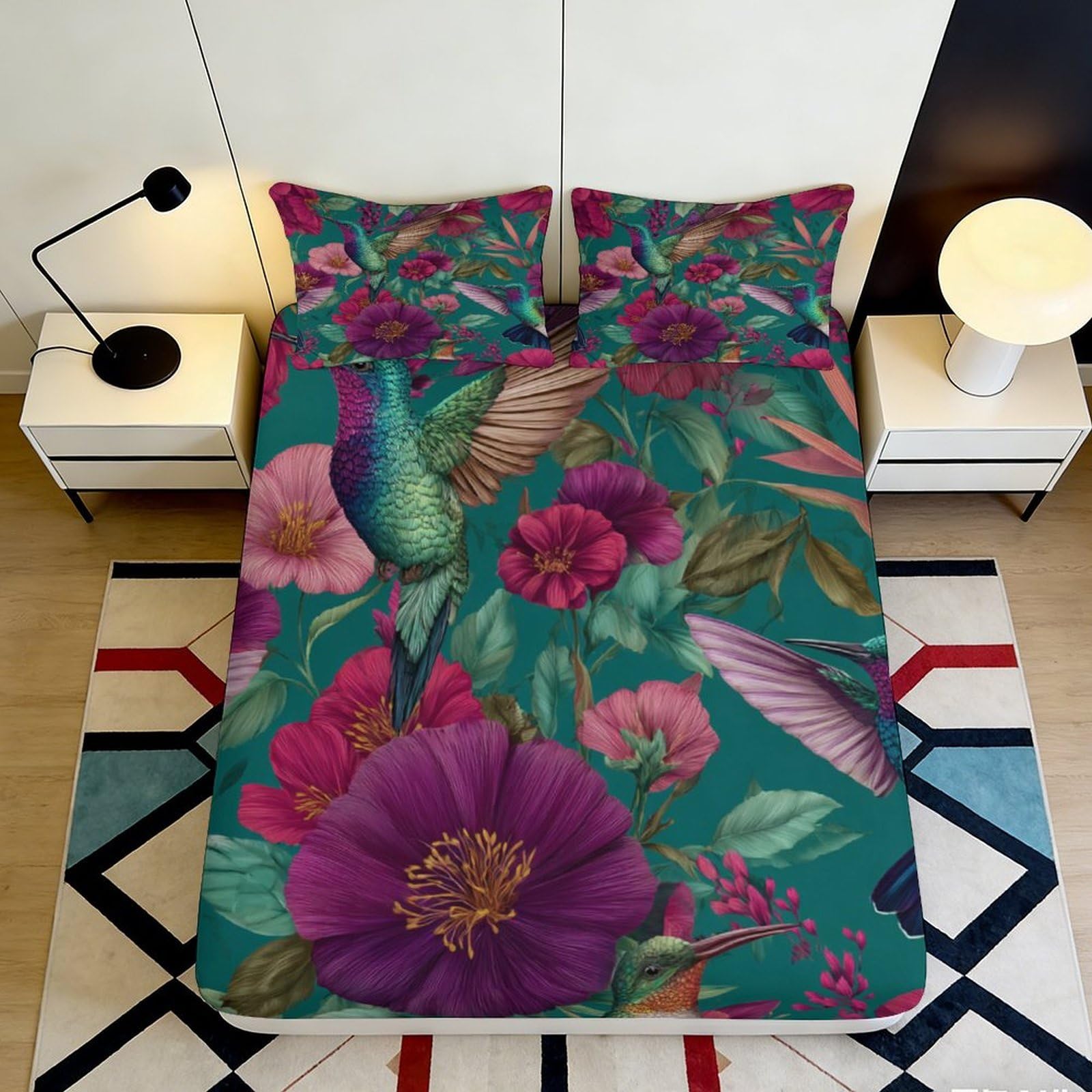 3D Printed Hummingbird Floral Fitted Sheet Microfiber Soft Vibrant Mattress Cover for Bedroom Guest Room Decor 120x200x25cm