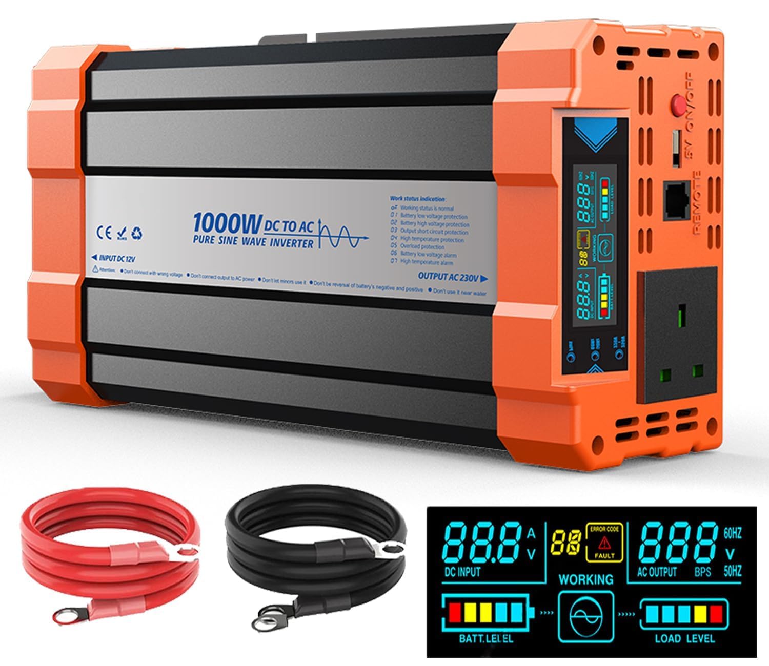 Azonee 1000W Power Inverter 12V to 240V AC Pure Sine Wave Inverter, Car Inverter DC 12v to AC 240V UK with AC Sockets Dual Car Adapter With LED Display Suitable for Travel, Camping, RV
