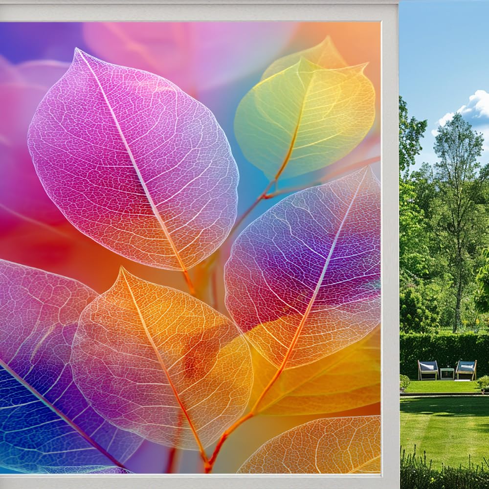 Pmlbaous Fantasy Leaves Stained Glass Window Film, Colorful Texture Plant Peel And Stick Privacy Film, Frosted Adhesive Vinyl Decorative For Bathroom Windows Glass Doors, （80X120cm）