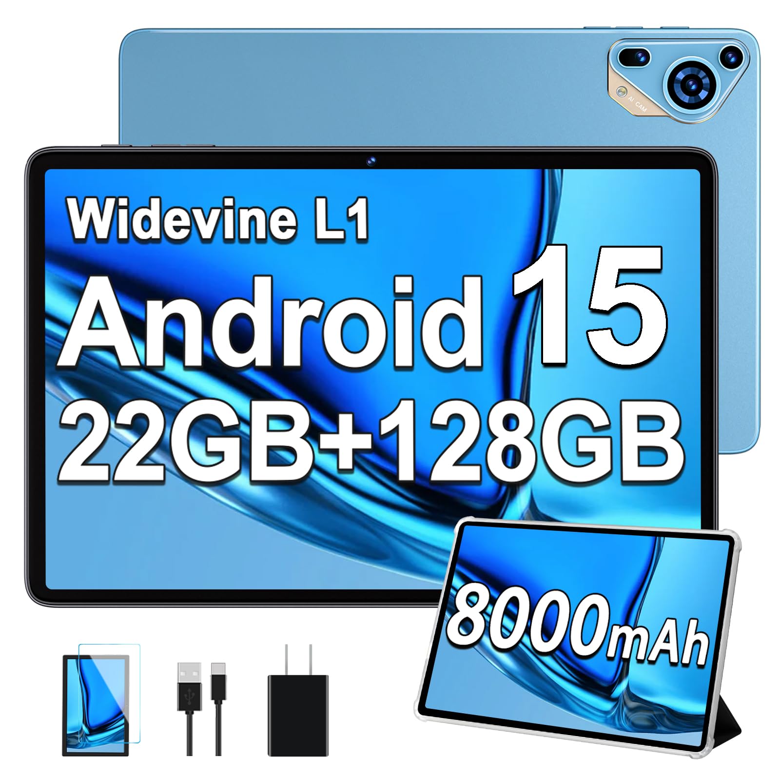 2026 Upgraded Android 15 Tablet 10 inch Octa-Core Tablets with 22GB+128GB+1TB, Dual Camera, 8000mAh, 1280x800 IPS HD Touch Screen, Support Widevine L1, 5G WiFi, GPS with Protective Cover - Metal Blue - 2