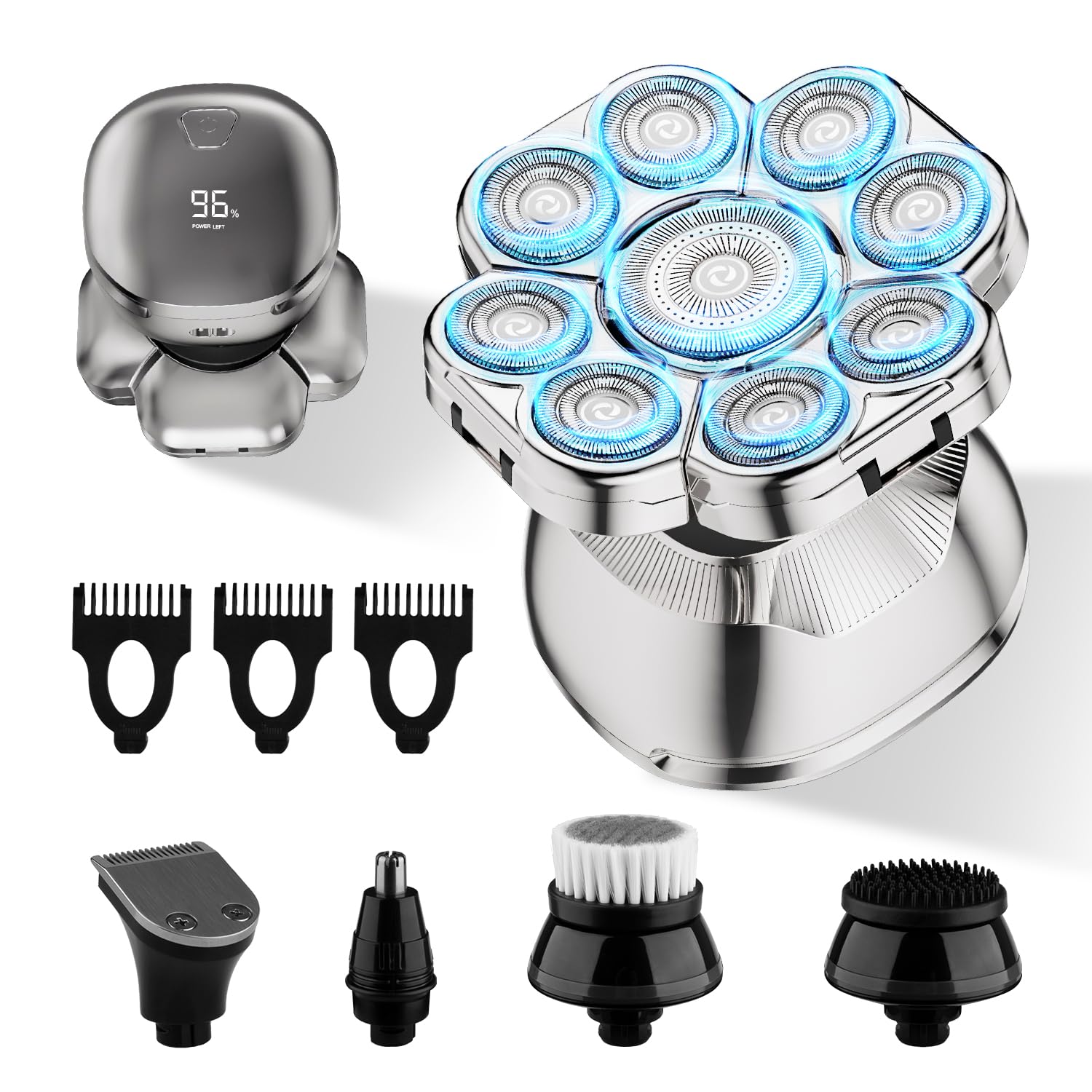 Rasoi 9D per uomini calvi, rasoio elettrico 5 in 1, con grado di impermeabilità IPX7, kit di toelettatura per balder con display a LED, rasoio elettrico ricaricabile senza fili per uomo, regalo per
