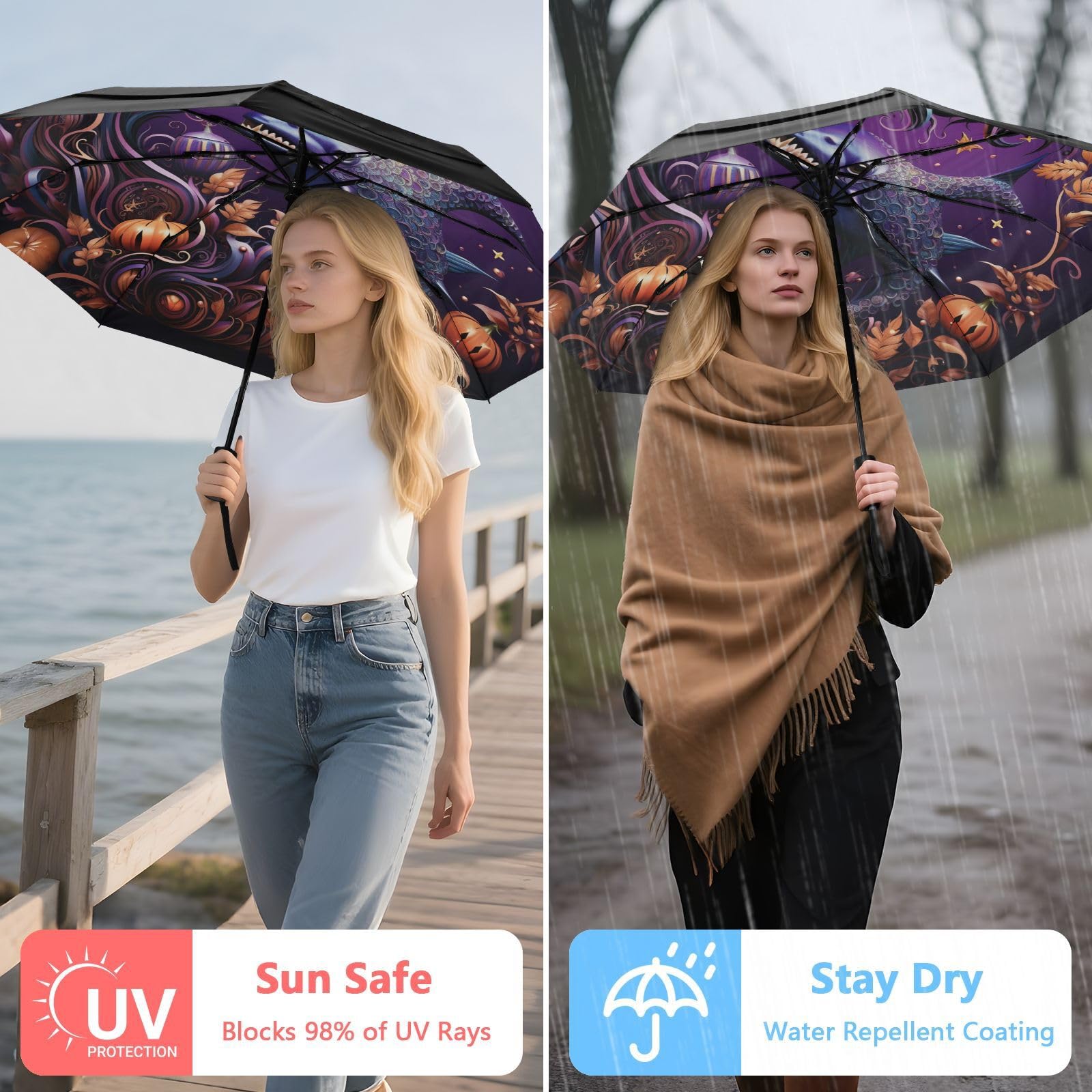 Peces Monstruo De Halloween Paraguas de Viaje Resistente al Viento Apertura Cierre AutomáTicos,Compacto con ProteccióN Solar UPF 50+ Ideal para JóVenes Chicas