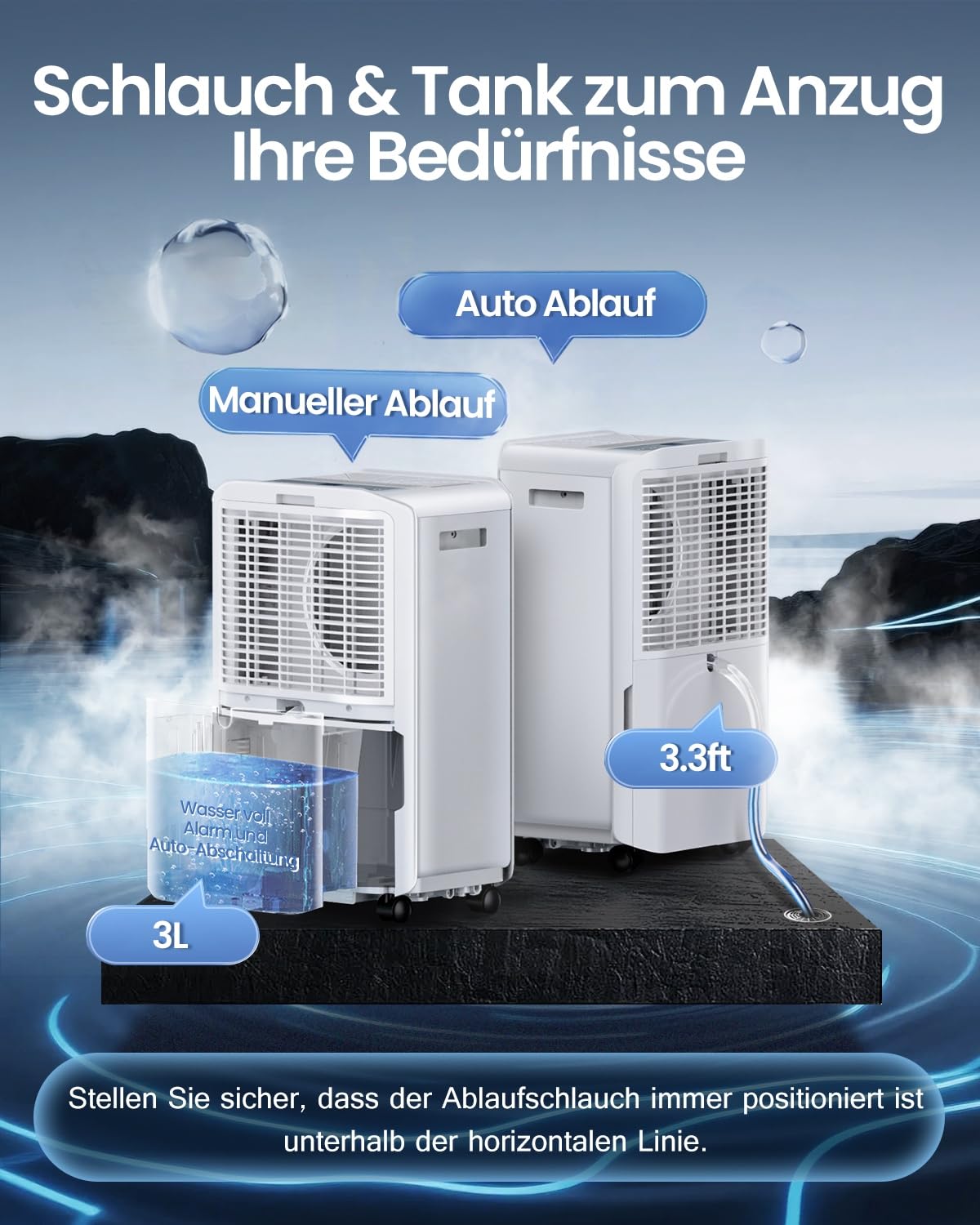 Deumidificatore automatico da 20 l/giorno, con indicatore di umidità digitale, timer da 24 H, serbatoio dell'acqua da 2,6 l, drenaggio continuo con tubo di scarico, 1,5 m, per casa, cantina, soggiorno