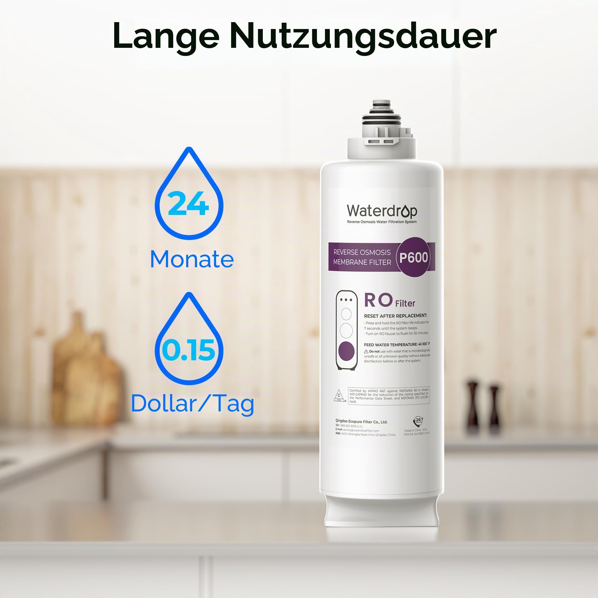 Waterdrop WD-G3P600-RO Filter, NSF-zertifiziert, Ersatz für WD-G3P600 Umkehrosmoseanlage, 2 Jahre Lebensdauer
