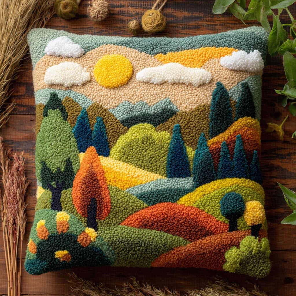 WallustrioaW Latch Hook Kits DIY Throw Pillow Cover,Pastoral Scenery