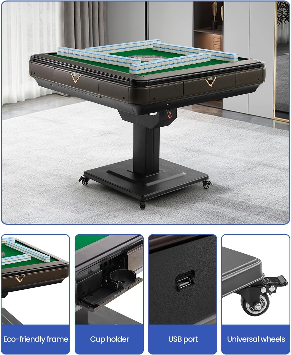 American Style Fully Automatic Mahjong Table, Equipped with 2 Sets of 44mm 152 Mahjong Tiles (Blue and Green) high-Power Motor, Silent System, smart chip, USB Charging