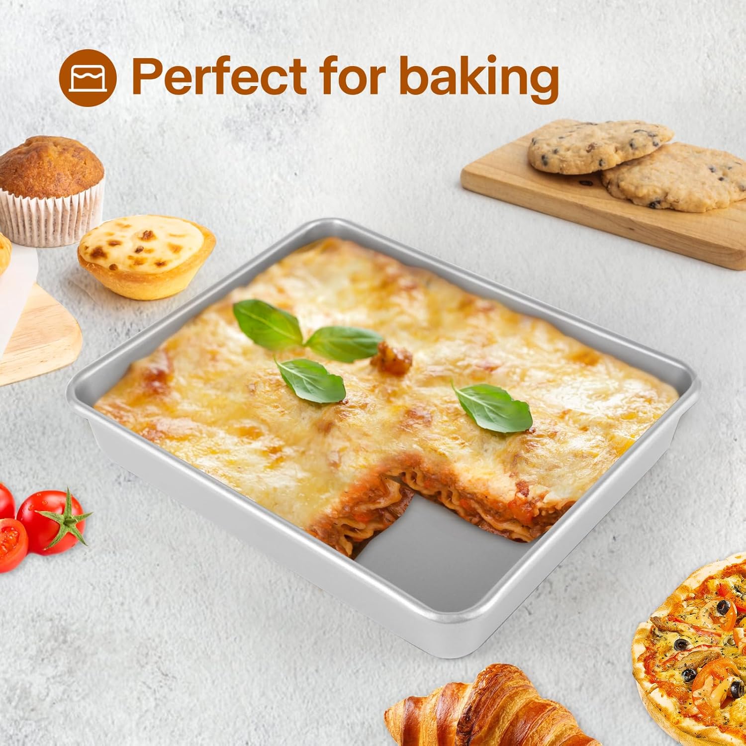 9x11 Baking Pan, Rectangle Cake Pan, 2-Pieces Nonstick Sheet Cake Pans Heavy Duty, Toaster Oven Tray Deep Size for Lasagna, Brownie, Siliver - Image 8