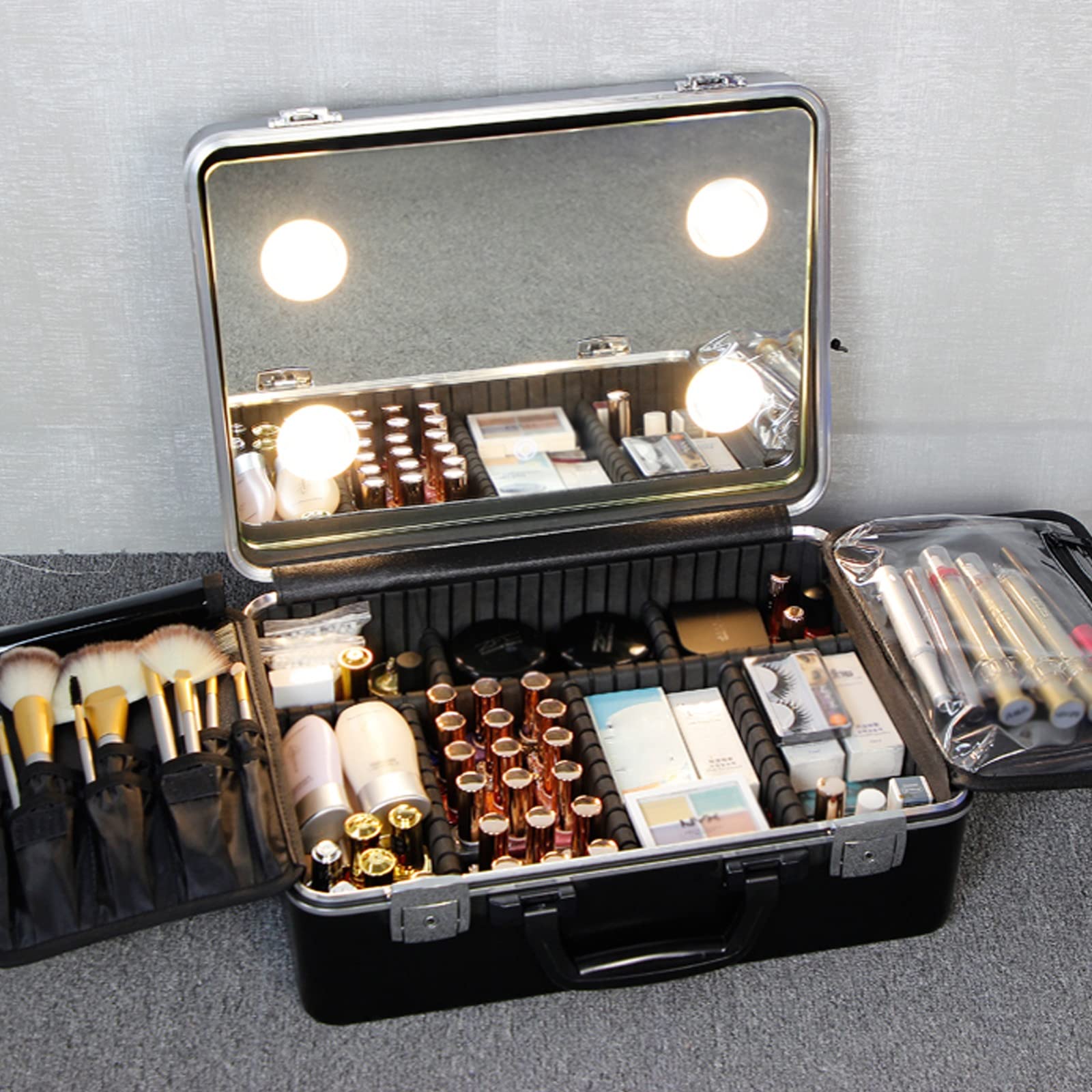 Vanity Case podświetlany LED, Aktówka Makijaż Piękna Etui Podróżna Vanity Makijaż Kobiety Aktówka Manicure, Zamykane Pudełko do Makijażu, Makijaż z Lusterkiem Dodatkowym, Czarny, czarny, Taille