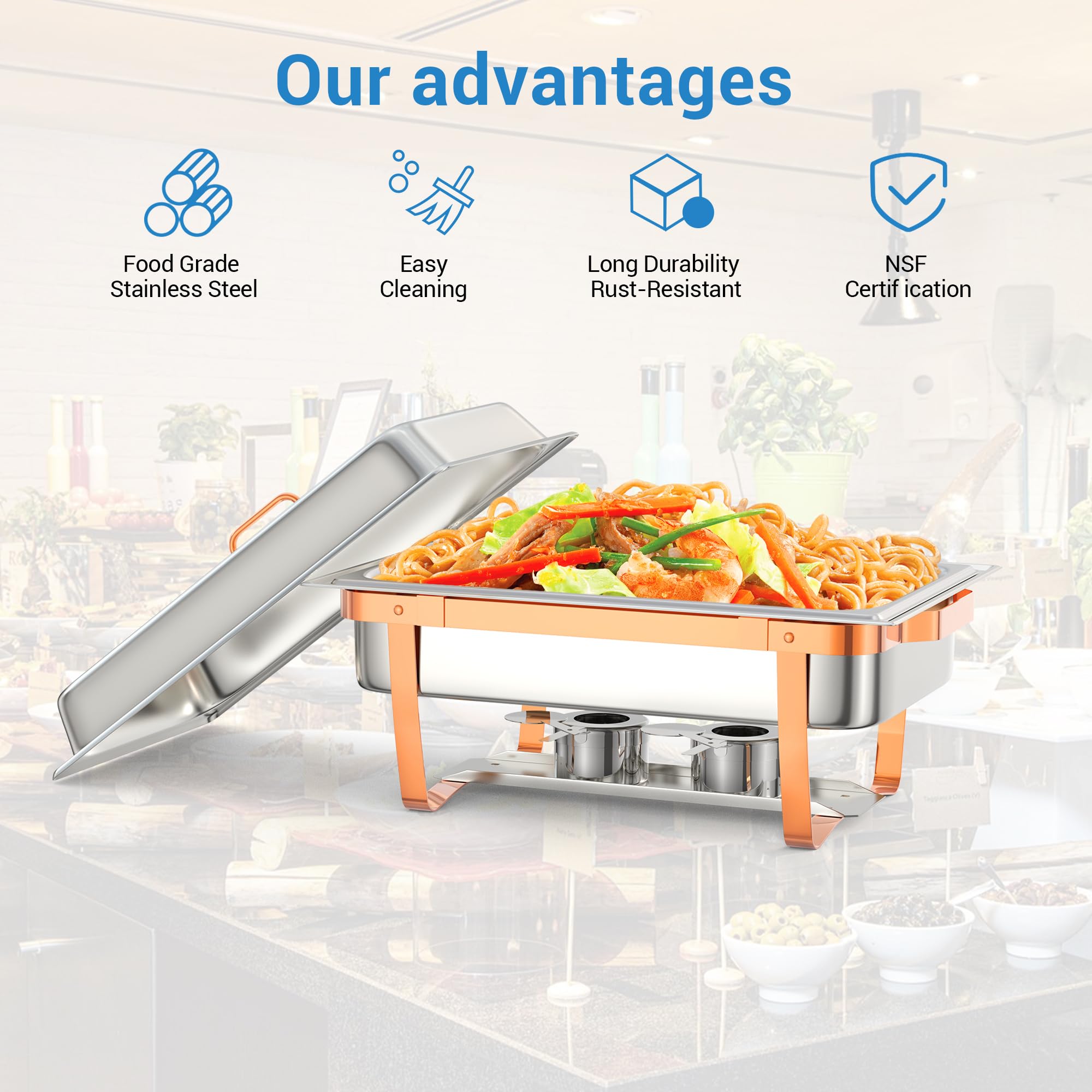 Mahlzeit Chafing Dish Profi Set, 4 x Edelstahl Warmhaltebehälter, 9L Rechteckige Catering Servierplatten, Wärmebehälter für Speisen mit Deckelhalter, Speisenwärmer für Buffet, Partys, Abendessen