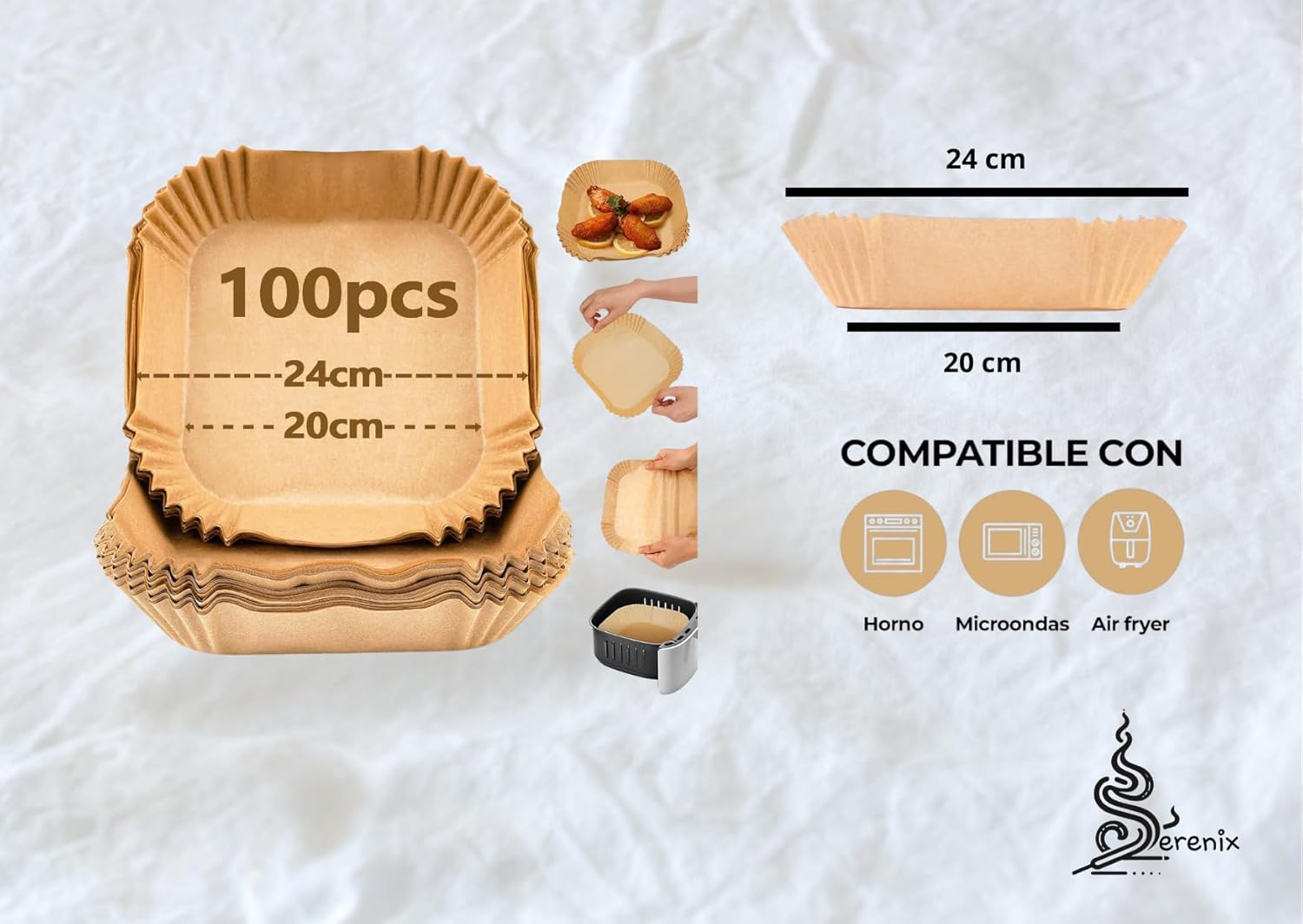 SERENIX - AirFryer Paper 100 pieces - Square 20 x 24 CM - Non-stick - Resistant Liquids - 220 Degrees - Silicone Baking Paper - Microwave - Air Fryer Accessories - Parchment (PAPEL)